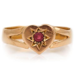 Victorian 22ct Yellow Gold Ruby Heart Signet Ring, Circa 1879