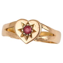 Victorian 22ct Yellow Gold Ruby Heart Signet Ring, Circa 1879