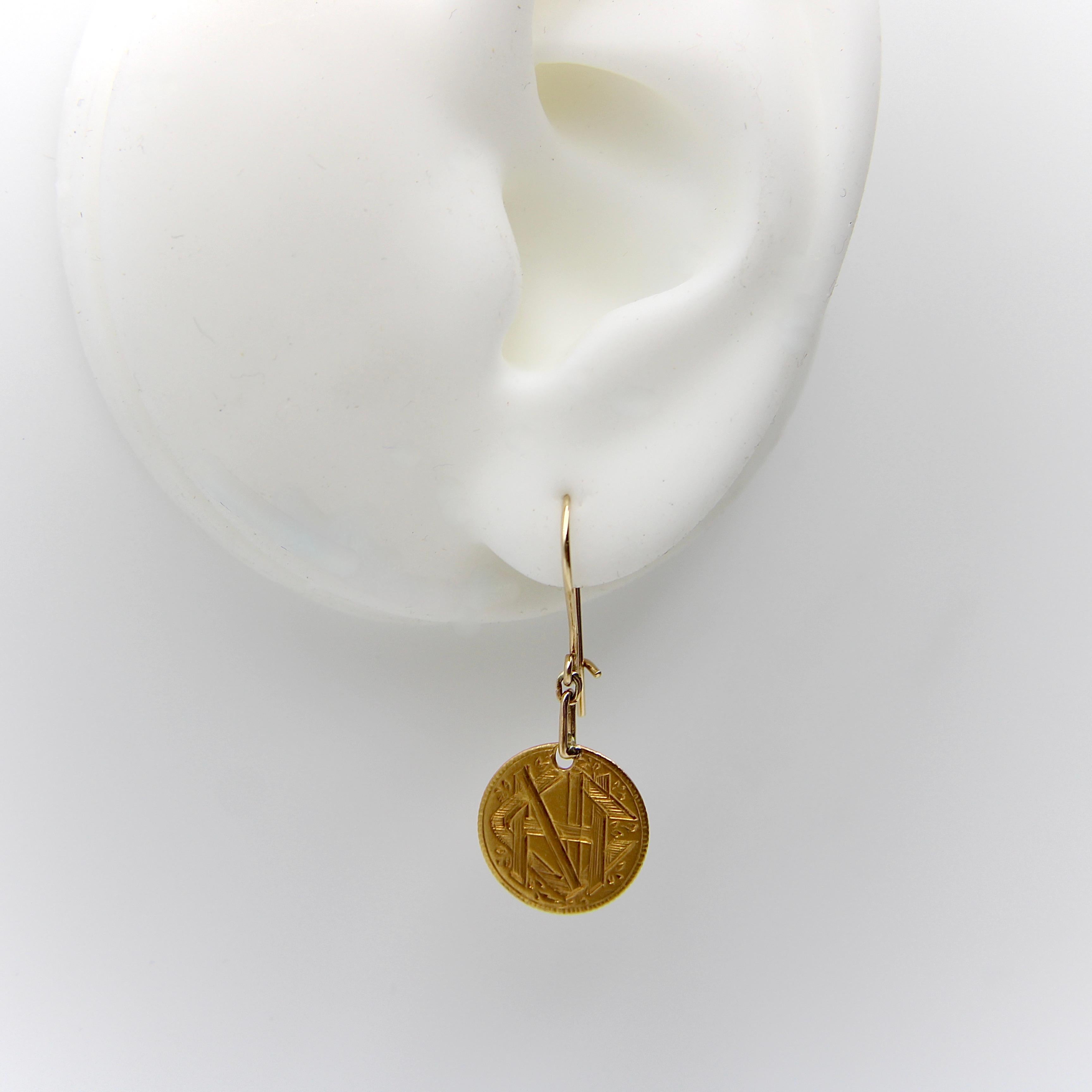 Victorian 22K Gold Hand Engraved Love Token Coin Earrings  For Sale 1