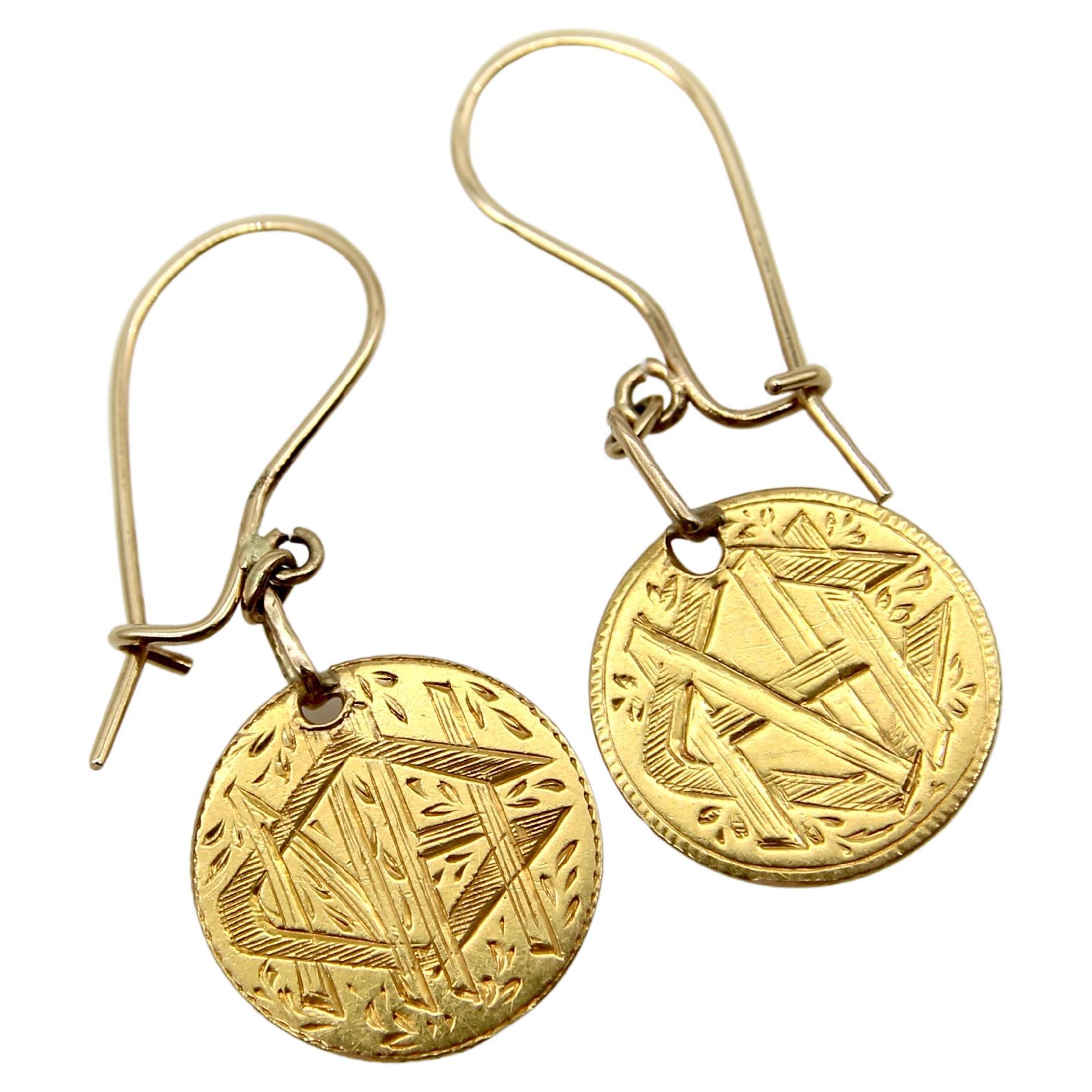 Victorian 22K Gold Hand Engraved Love Token Coin Earrings  For Sale