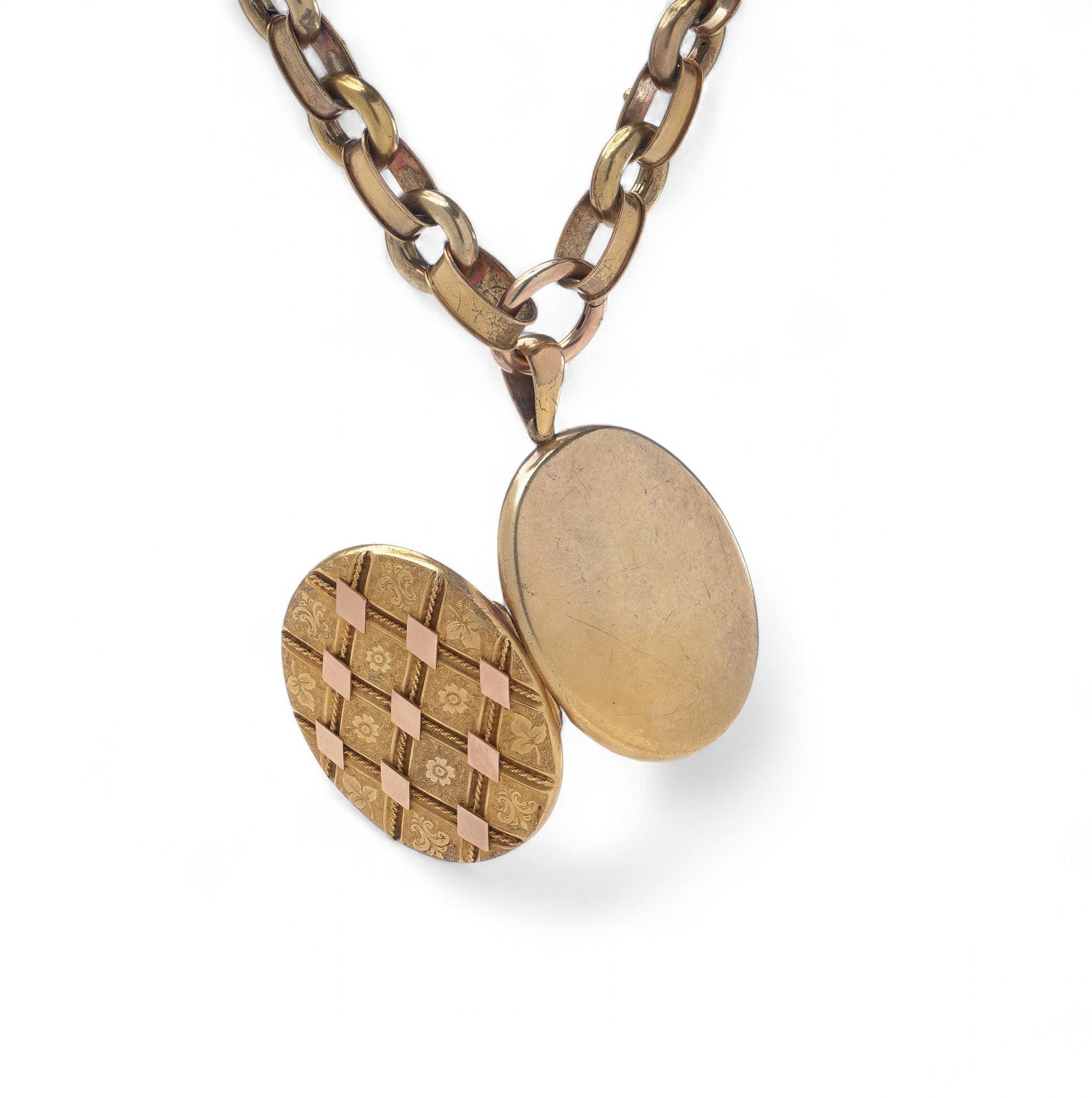 Ciondolo vittoriano a medaglione in oro 22kt con collana a catena 20kt In condizioni buone in vendita a Braintree, GB