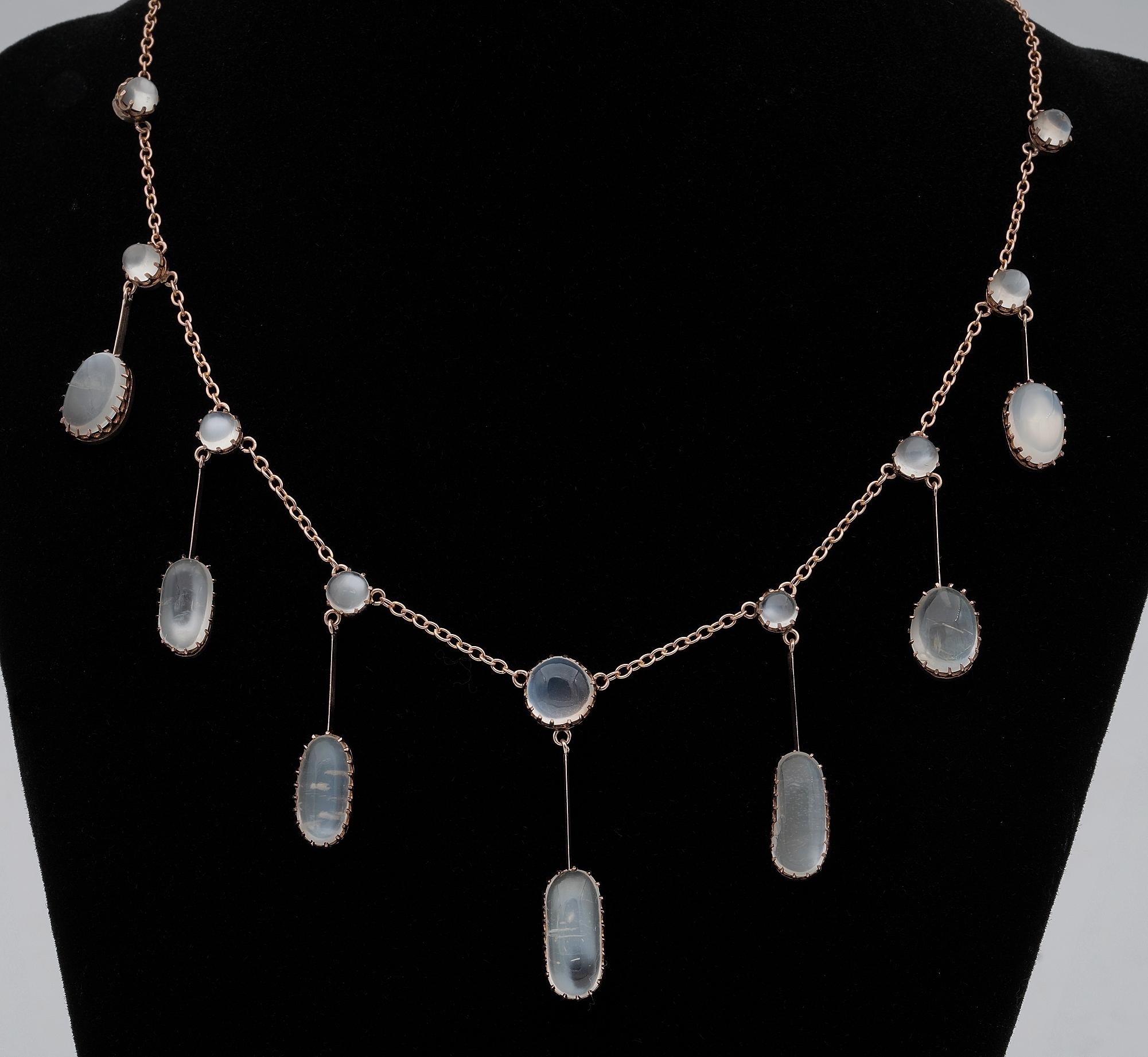 Victorian Must Have
This beautiful Victorian era Moonstone necklace is the classy must have or great addition at any good collection
1890 ca – beautiful hand crafted an mounted in 18 Kt yellow gold – tested
Lovely composition of various cabochon cut