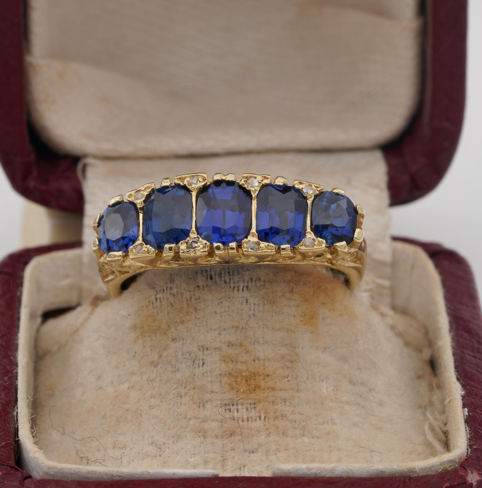 Into the Blue
Beautiful Victorian period five stone ring in a classy half hoop setting of the era
18 KT mounting finely carved throughout with rich scroll details, bears French Import duty Hallmarks
Five beautifully matched cushion-cut Natural
