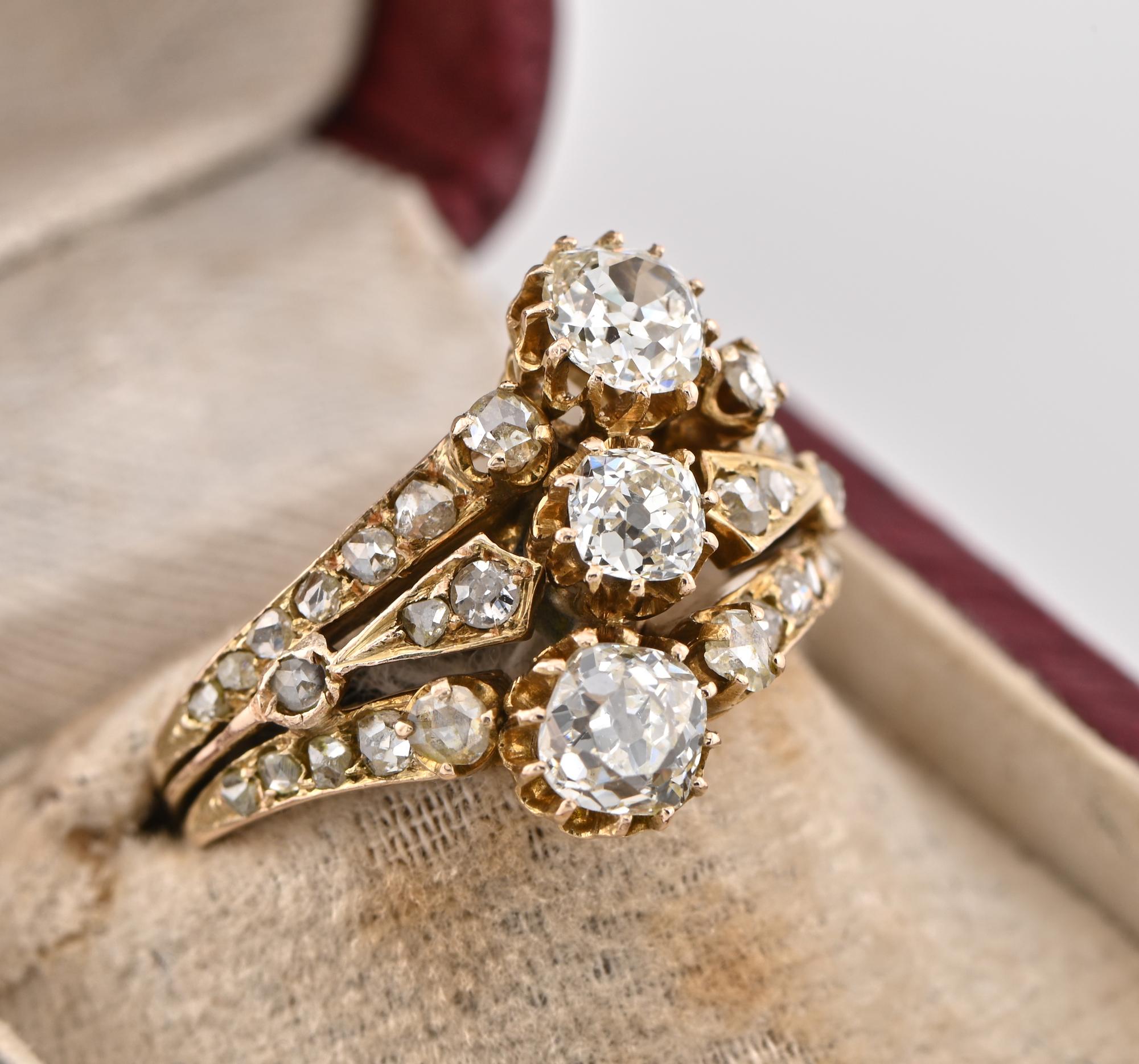 Anillo victoriano de oro de 14 quilates con talla de diamante antiguo de 2,30 quilates Talla antigua en venta