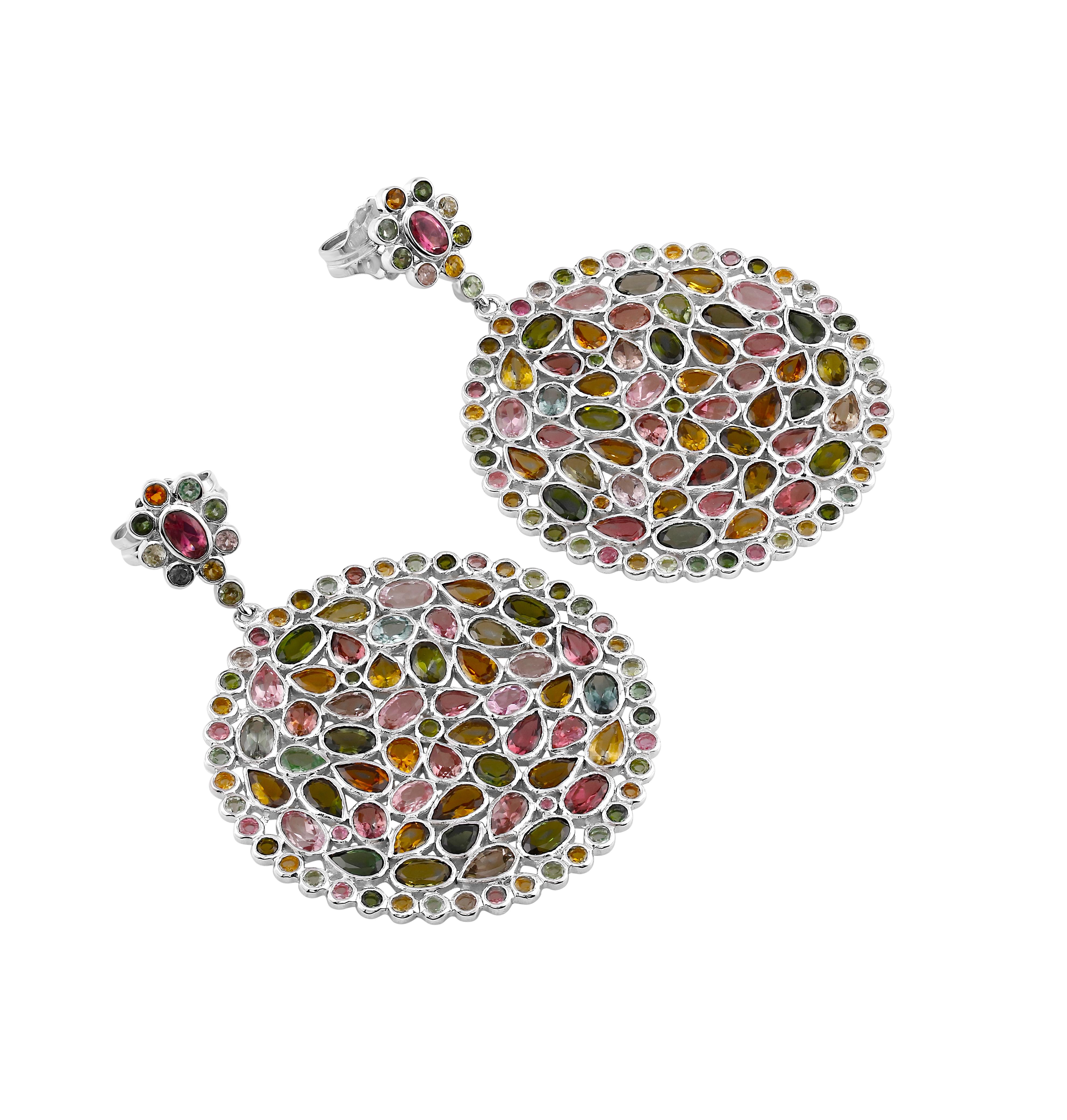 Victorian 23.0cttw. Multi-Tourmaline Dangle Earrings in 925 Sterling Silver In New Condition In New York, NY
