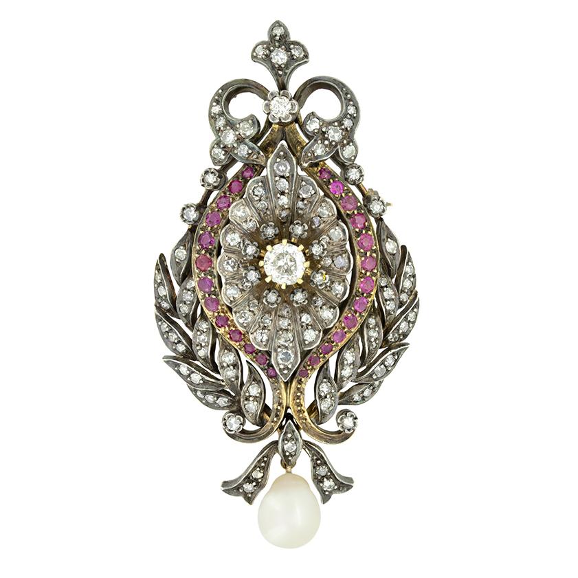 Viktorianischer Brosche-Anhänger mit 2,30 Karat Diamant, Rubin und Perle, um 1900 (Alteuropäischer Schliff) im Angebot