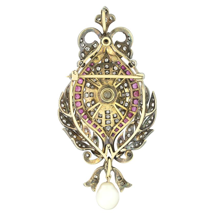 Viktorianischer Brosche-Anhänger mit 2,30 Karat Diamant, Rubin und Perle, um 1900 im Zustand „Gut“ im Angebot in London, GB
