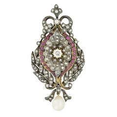 Viktorianischer Brosche-Anhänger mit 2,30 Karat Diamant, Rubin und Perle, um 1900