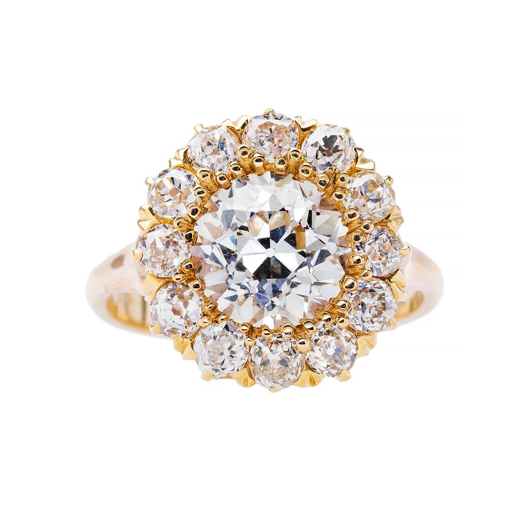 Victorian 2.31 Carat Diamond Center Halo Cluster Engagement Ring In Excellent Condition In Beverly Hills, CA