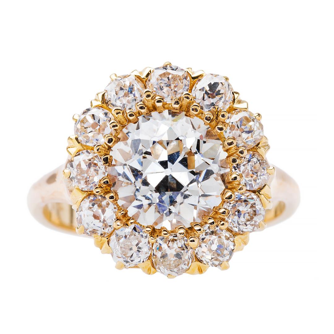 Victorian 2.31 Carat Diamond Center Halo Cluster Engagement Ring
