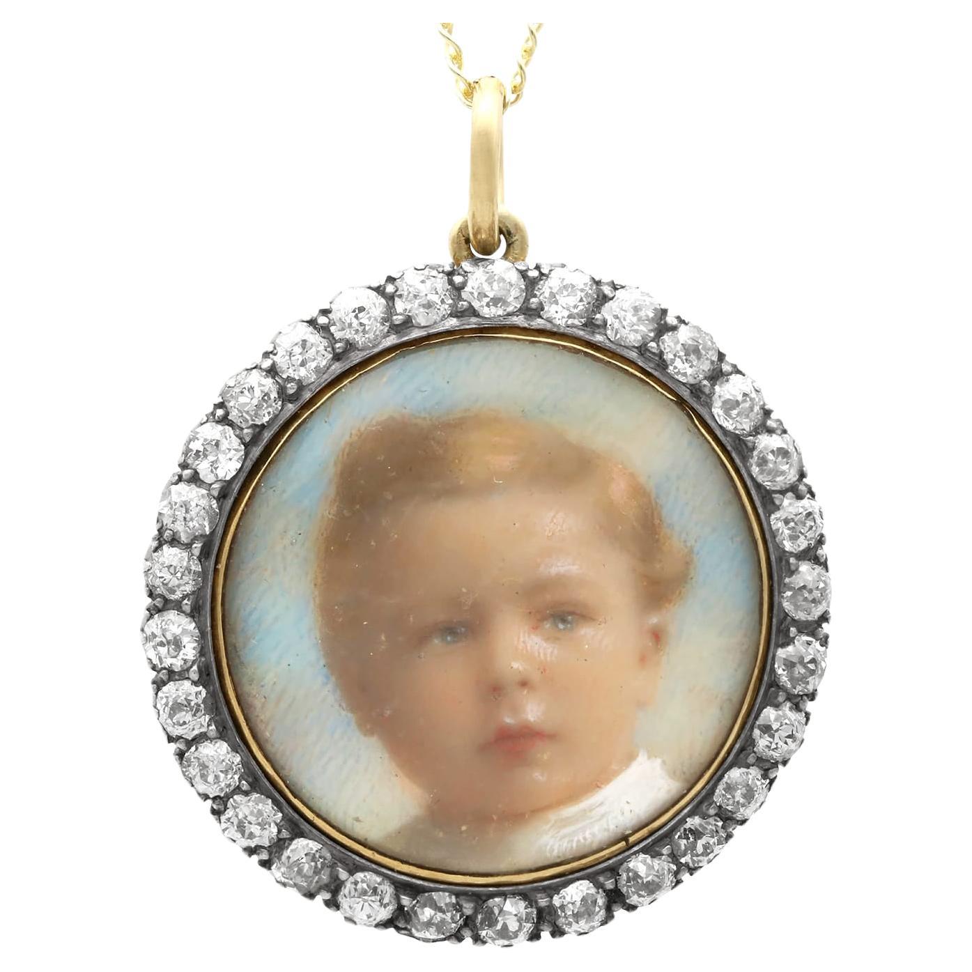 Victorian 2.32 Carat Diamond and 12k Yellow Gold Miniature Portrait Pendant For Sale