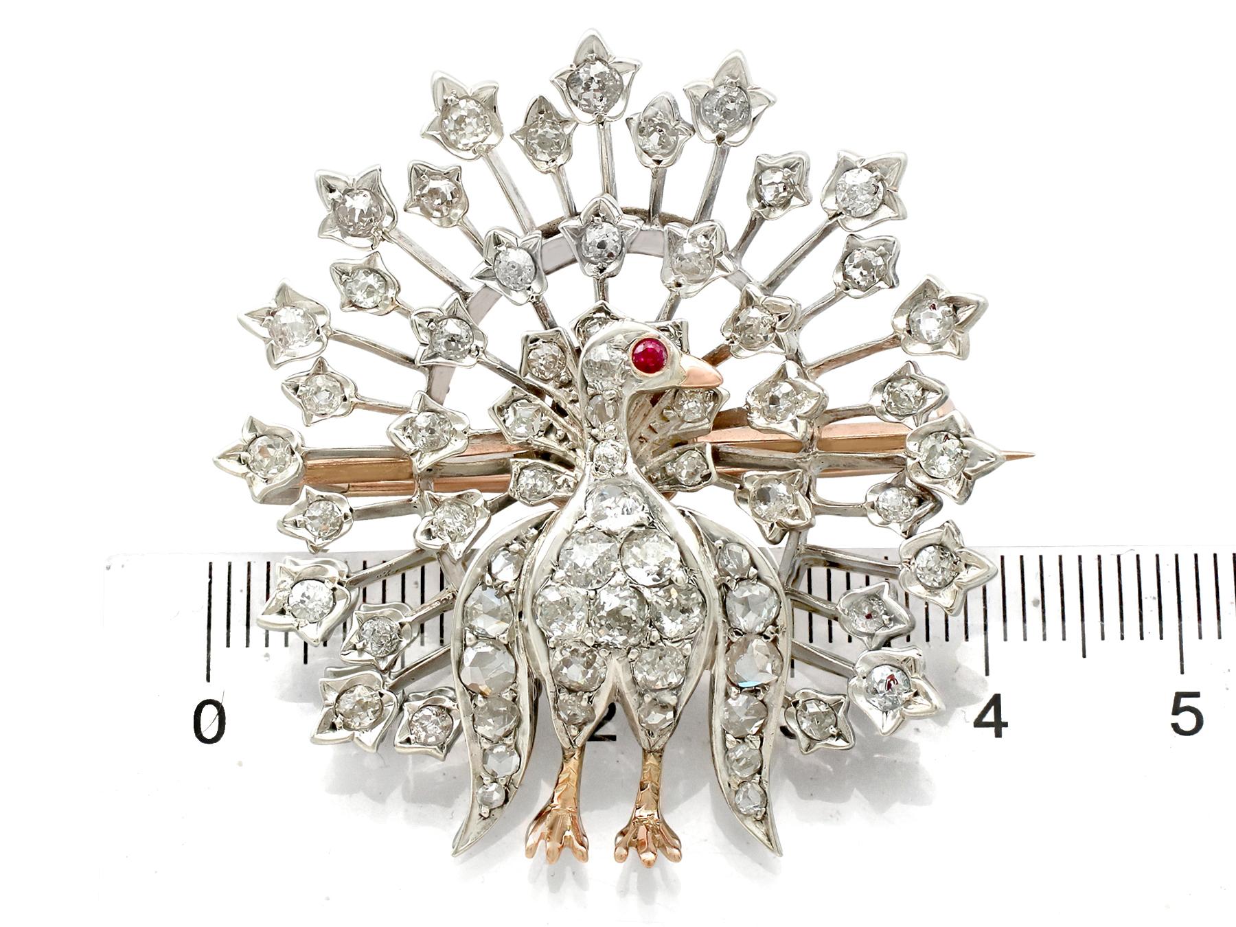Victorian 2.35 Carat Diamond and Ruby Yellow Gold Peacock Brooch 3