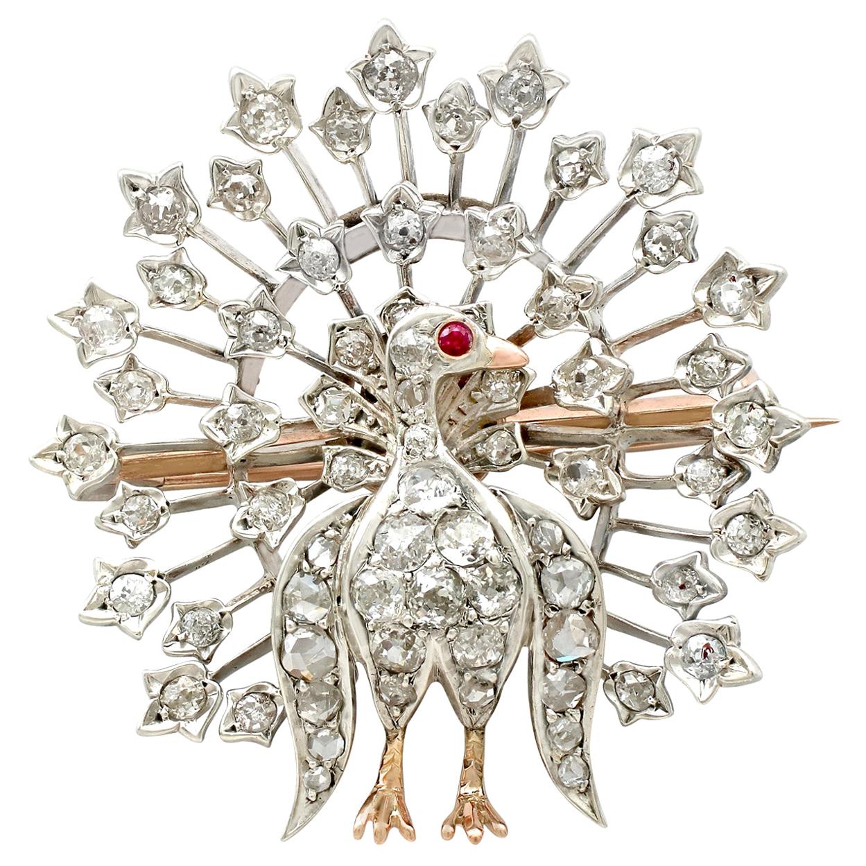 Victorian 2.35 Carat Diamond and Ruby Yellow Gold Peacock Brooch