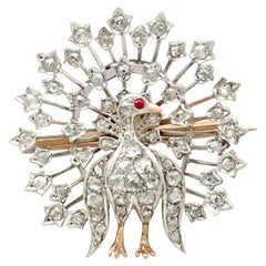 Antique Victorian 2.35 Carat Diamond and Ruby Yellow Gold Peacock Brooch