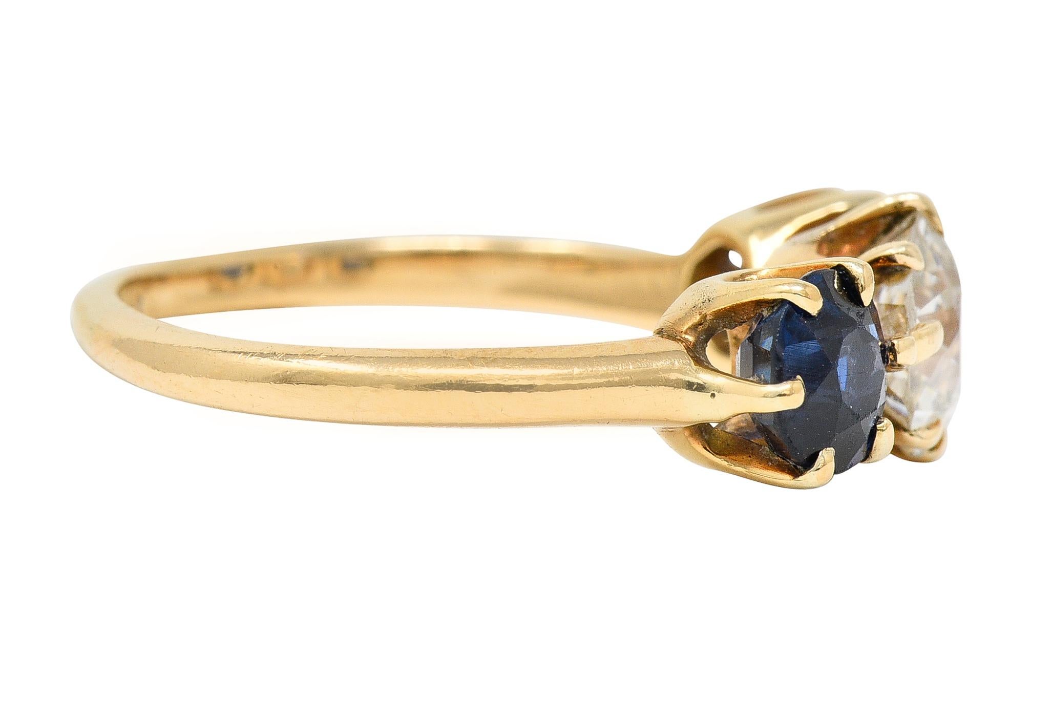 Old European Cut Victorian 2.37 Carats Diamond Sapphire 14 Karat Yellow Gold Three Stone Ring For Sale