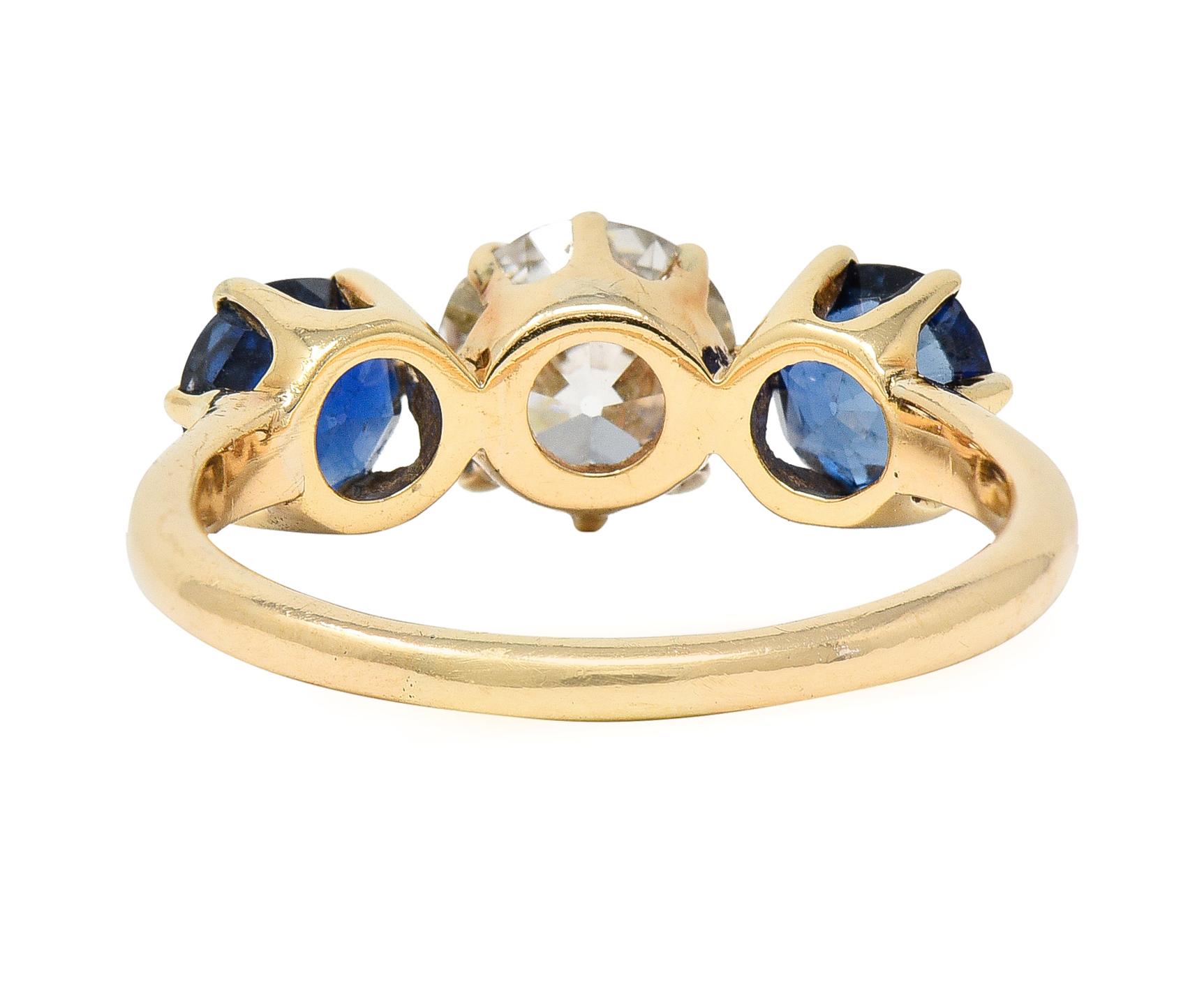Victorian 2.37 Carats Diamond Sapphire 14 Karat Yellow Gold Three Stone Ring In Excellent Condition For Sale In Philadelphia, PA