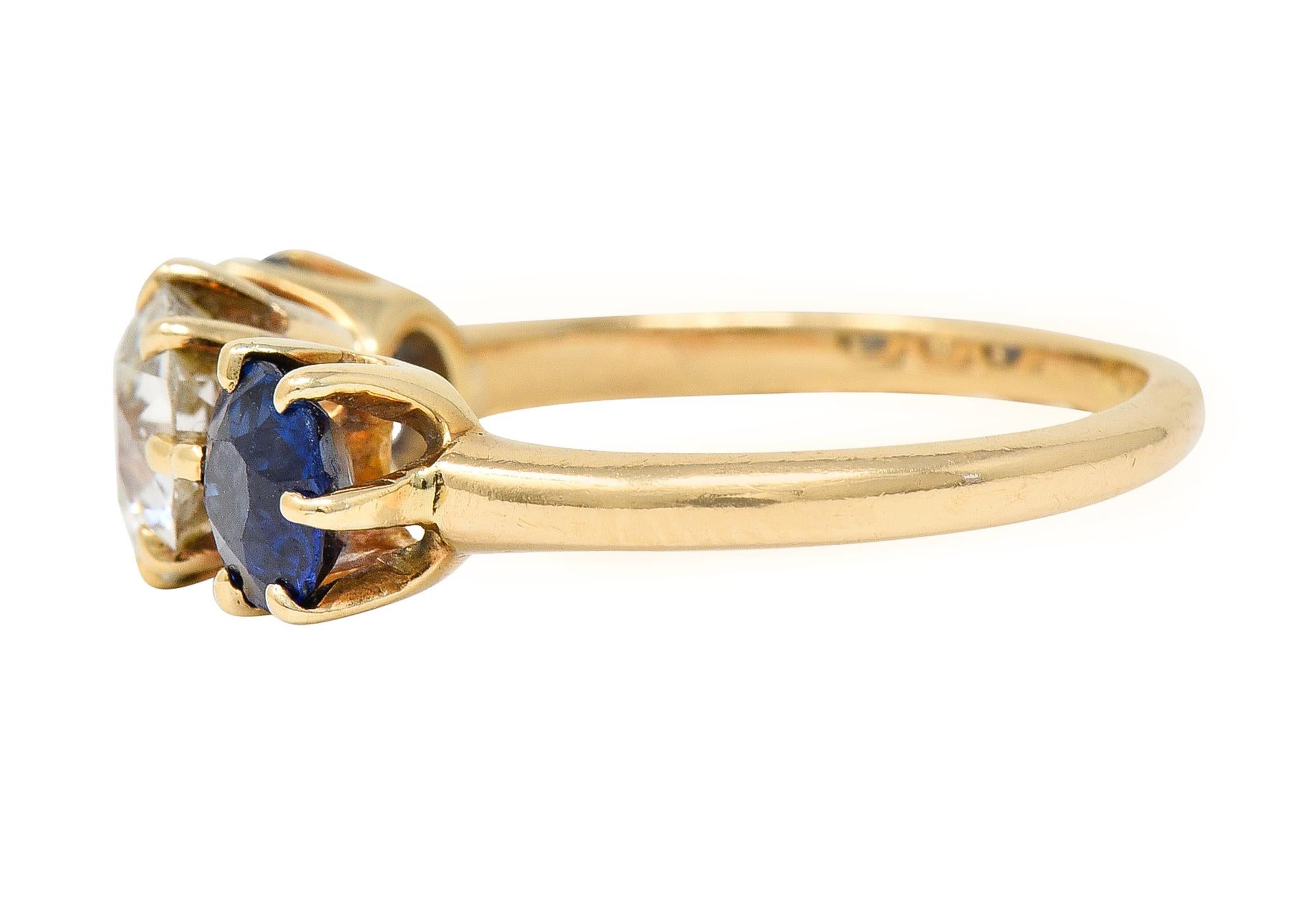 Women's or Men's Victorian 2.37 Carats Diamond Sapphire 14 Karat Yellow Gold Three Stone Ring For Sale