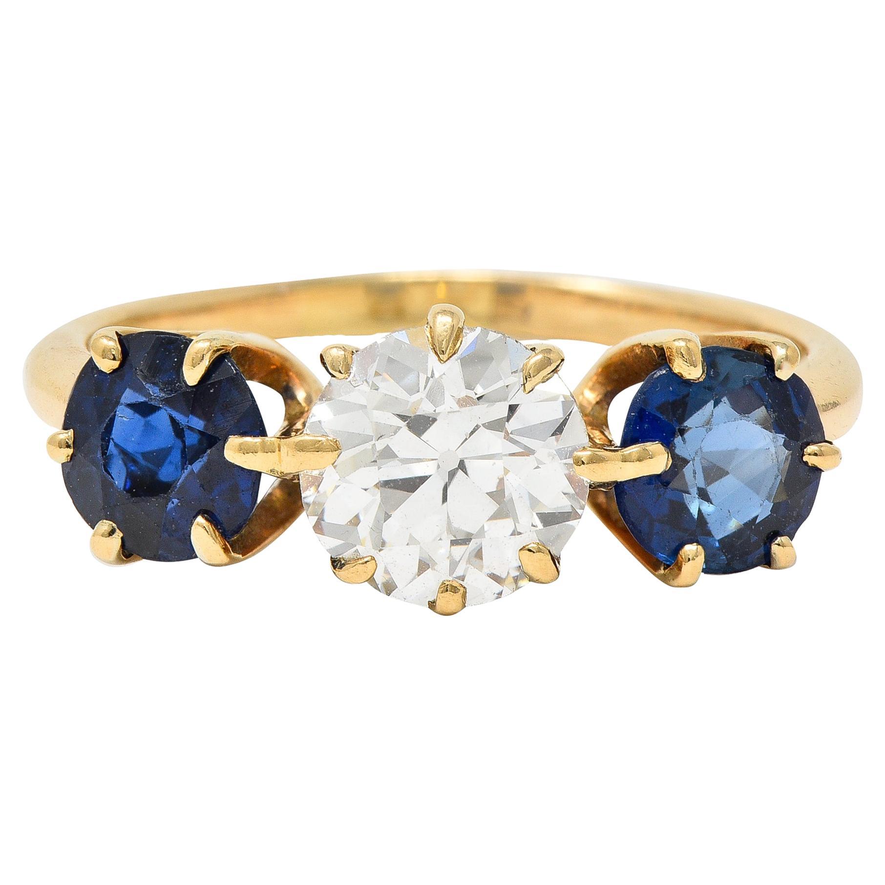 Victorian 2.37 Carats Diamond Sapphire 14 Karat Yellow Gold Three Stone Ring For Sale