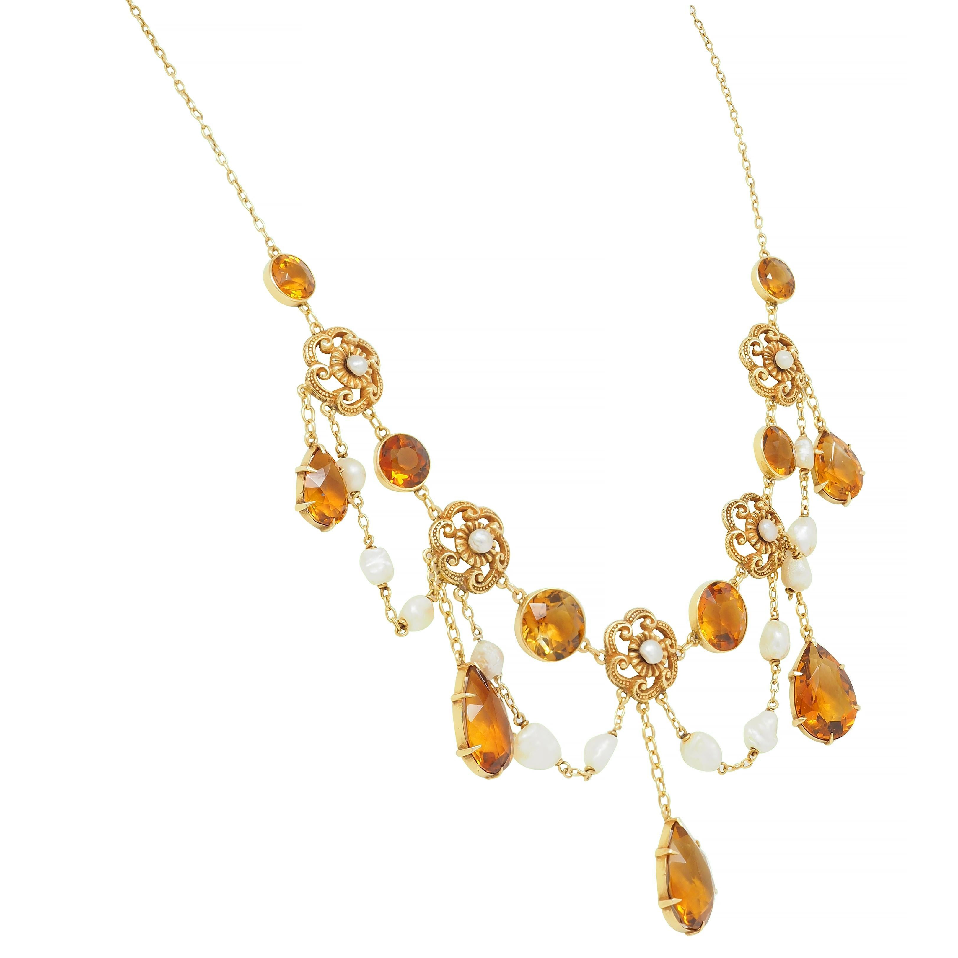 Round Cut Victorian 23.72 CTW Citrine Pearl 14 Karat Yellow Gold Swagged Antique Necklace For Sale
