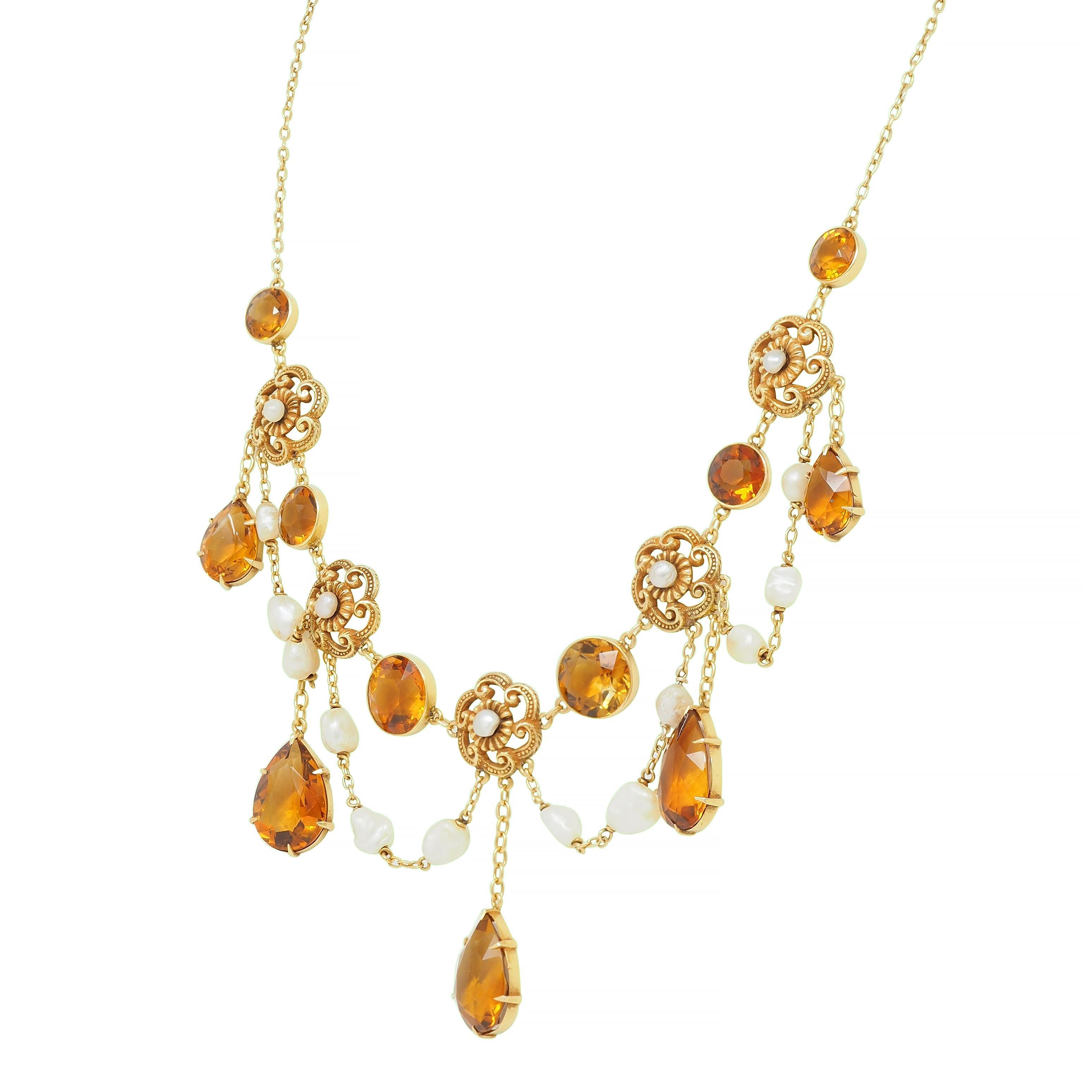 Women's or Men's Victorian 23.72 CTW Citrine Pearl 14 Karat Yellow Gold Swagged Antique Necklace For Sale
