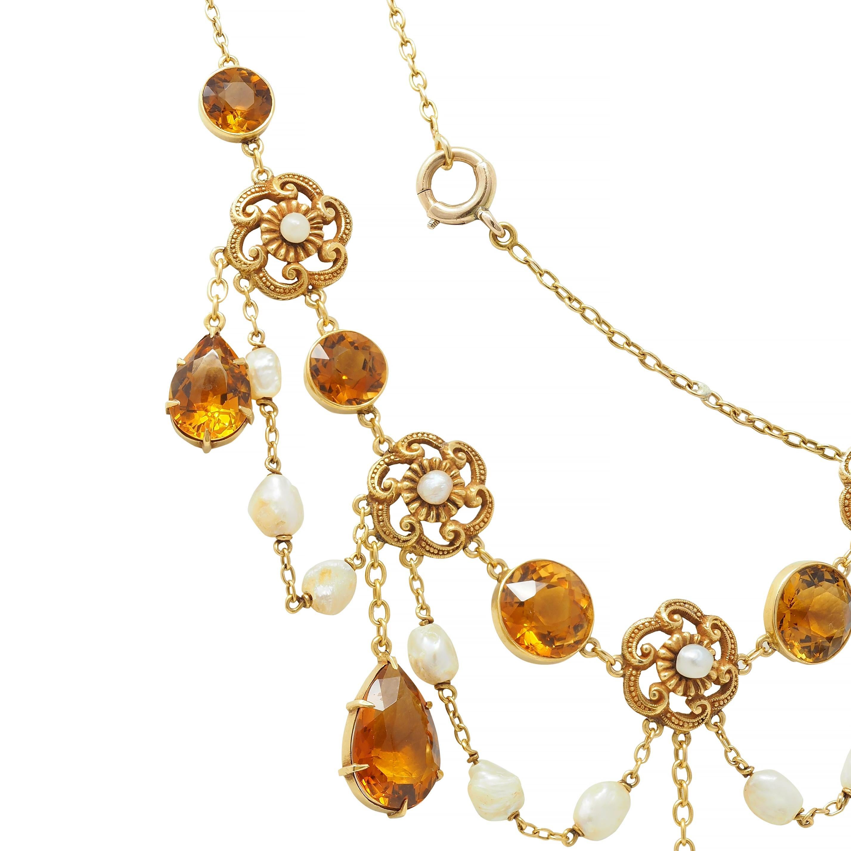 Victorian 23.72 CTW Citrine Pearl 14 Karat Yellow Gold Swagged Antique Necklace For Sale 1