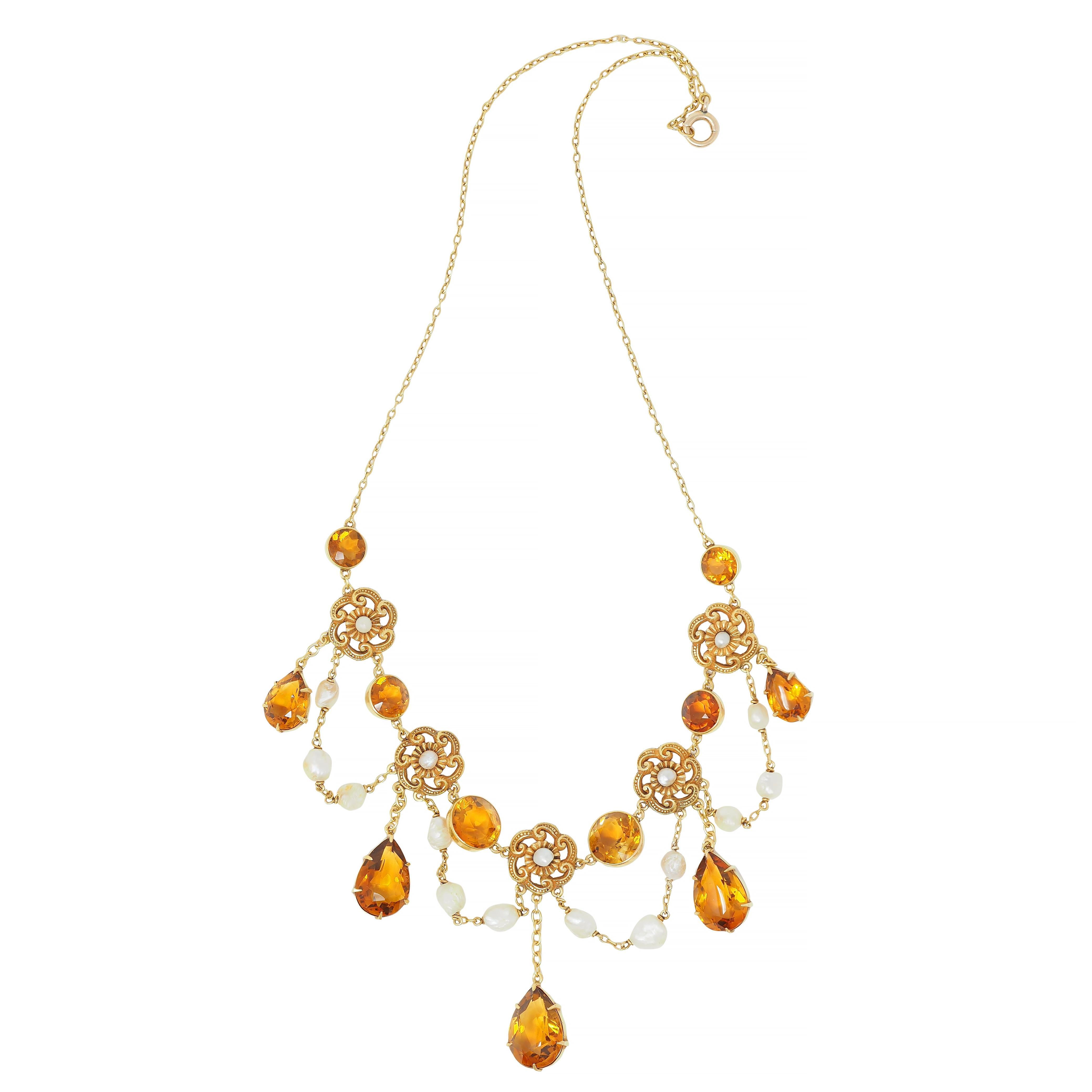 Victorian 23.72 CTW Citrine Pearl 14 Karat Yellow Gold Swagged Antique Necklace For Sale 2