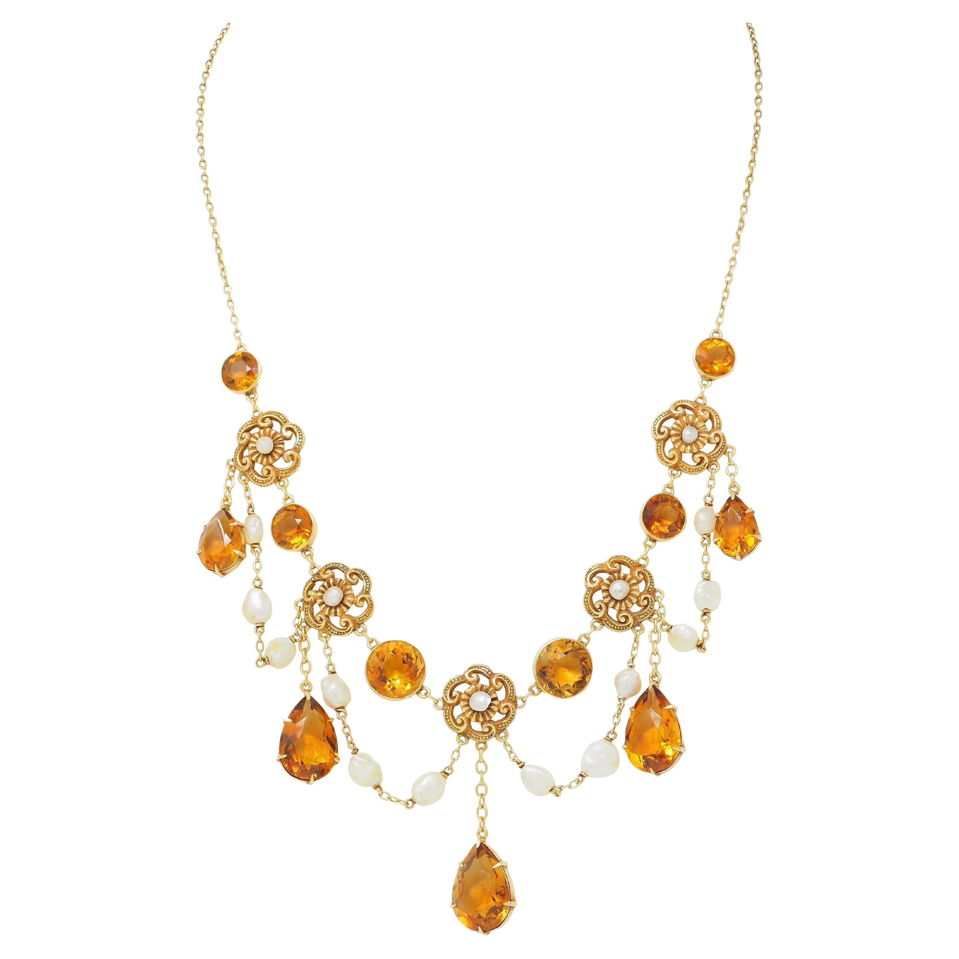 Victorian 23.72 CTW Citrine Pearl 14 Karat Yellow Gold Swagged Antique Necklace For Sale