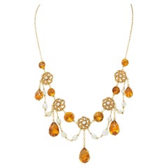 Collier ancien victorien en or jaune 14 carats avec perles de citrine 23,72 carats poids total