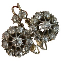 Victorian 2.4 Carat Old Cut Diamond 18 Carat Gold Drop Dangle Cluster Earrings