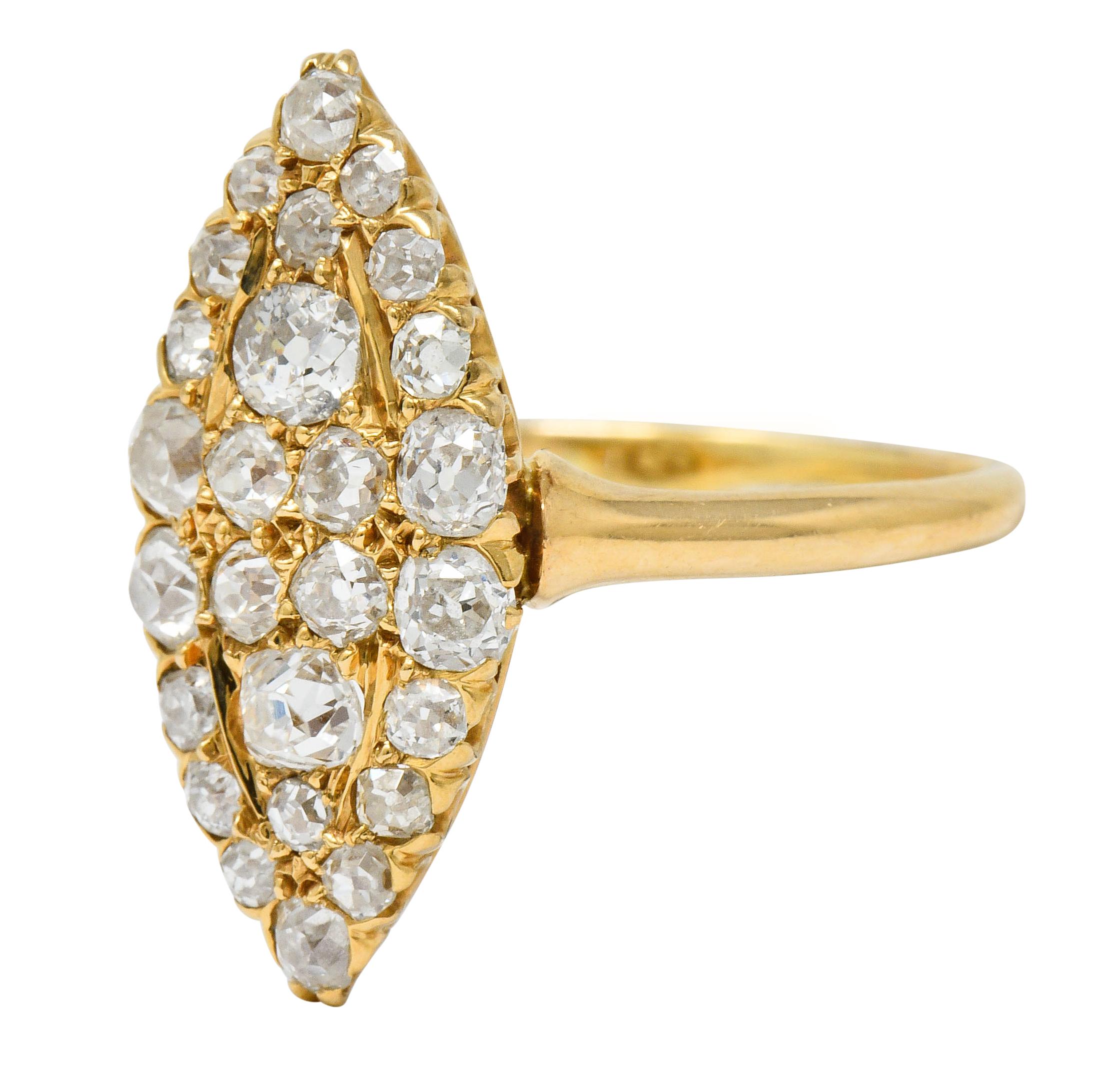 Women's or Men's Victorian 2.40 Carat Diamond 14 Karat Gold Navette Cluster Ring