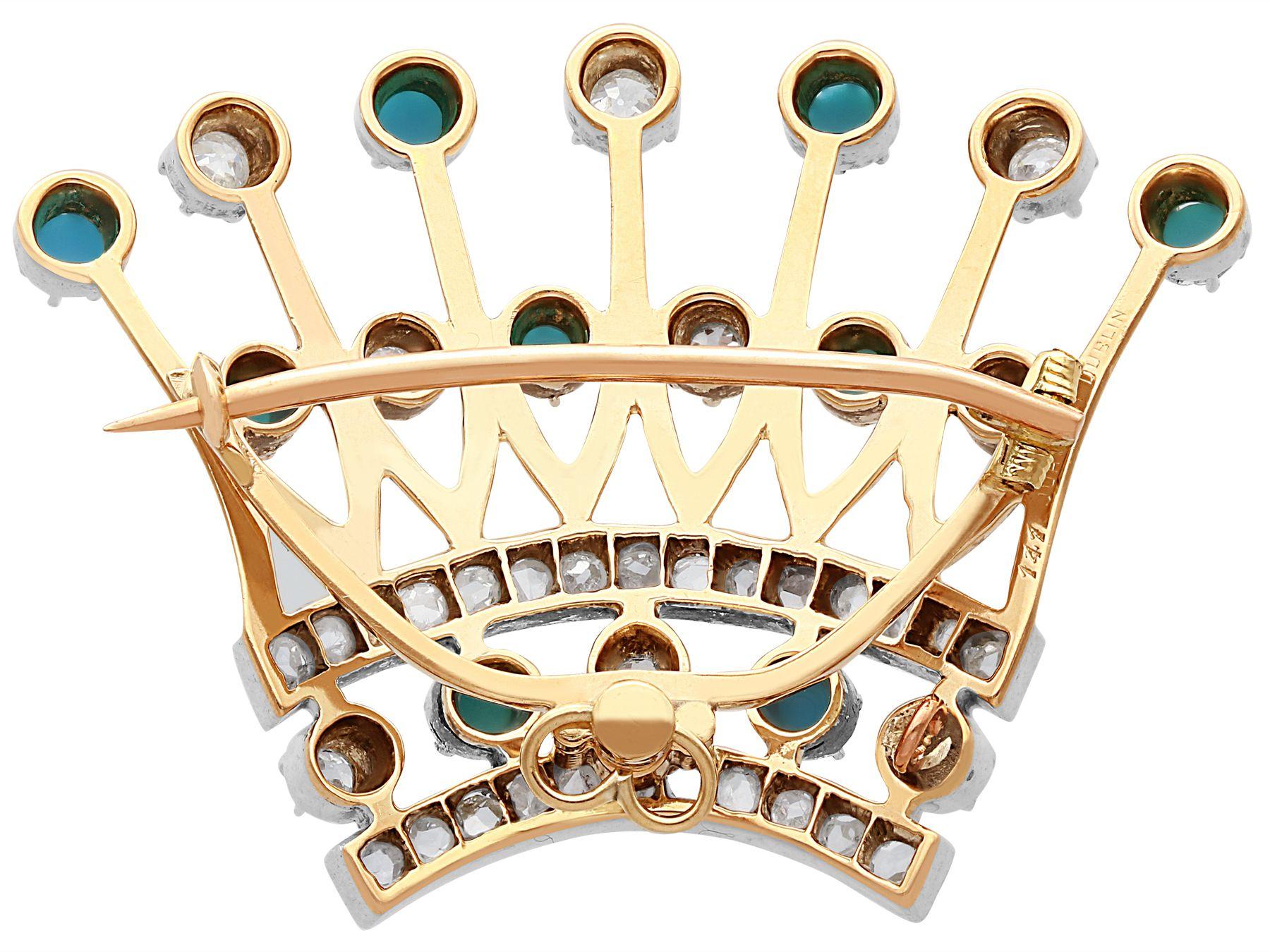 Victorian 2.40 Carat Diamond and Turquoise Yellow Gold Crown Brooch 1
