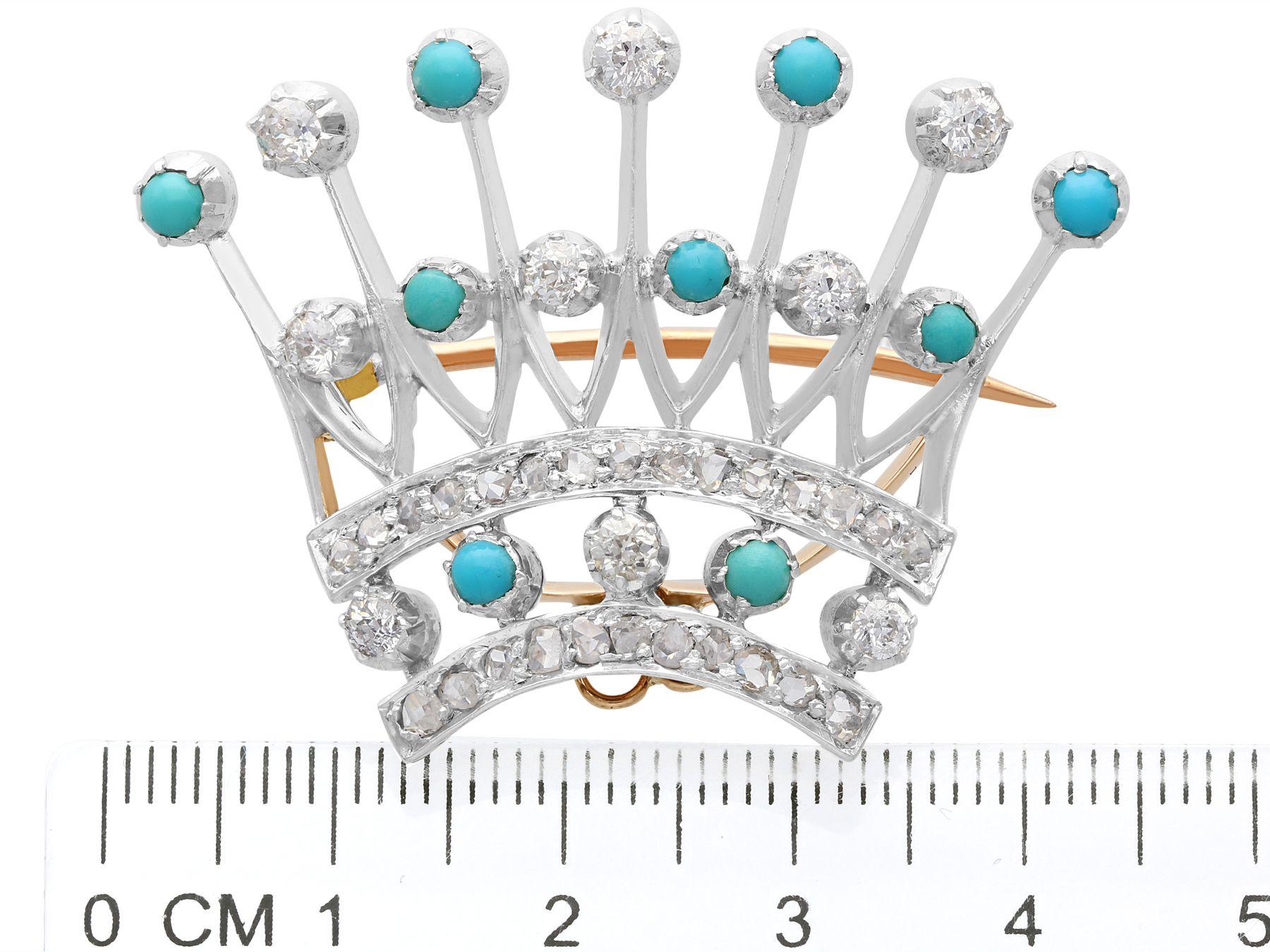 Victorian 2.40 Carat Diamond and Turquoise Yellow Gold Crown Brooch 2