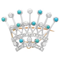 Victorian 2.40 Carat Diamond and Turquoise Yellow Gold Crown Brooch