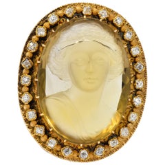 Victorian 2.40 Carat Diamond Citrine 14 Karat Gold Cameo Brooch