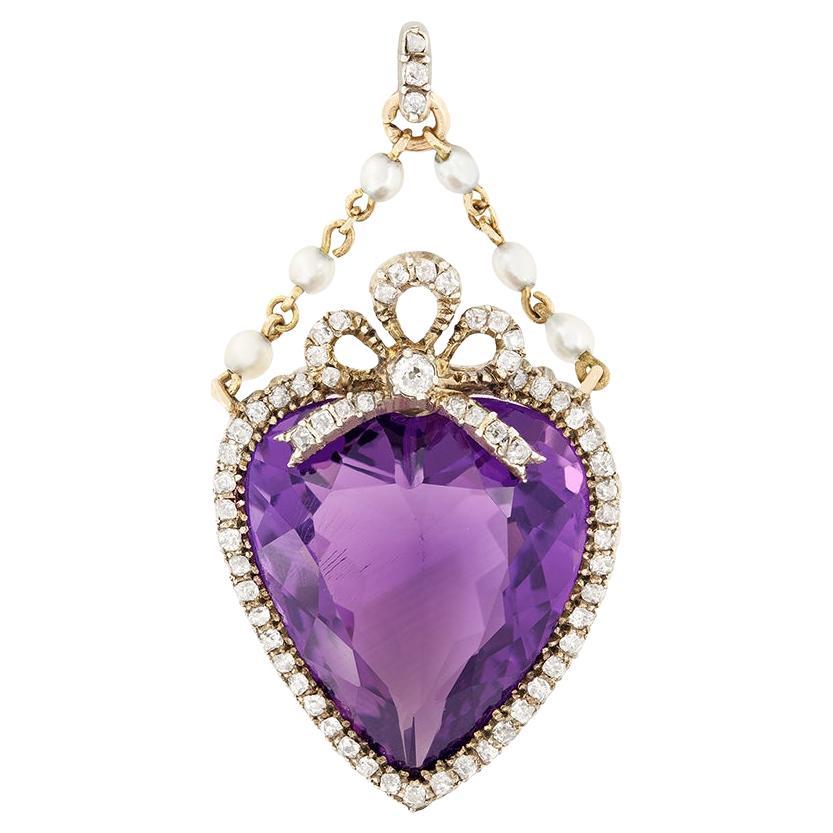 Victorian 24.00ct Amethyst Diamond and Pearl Pendant, c.1880s