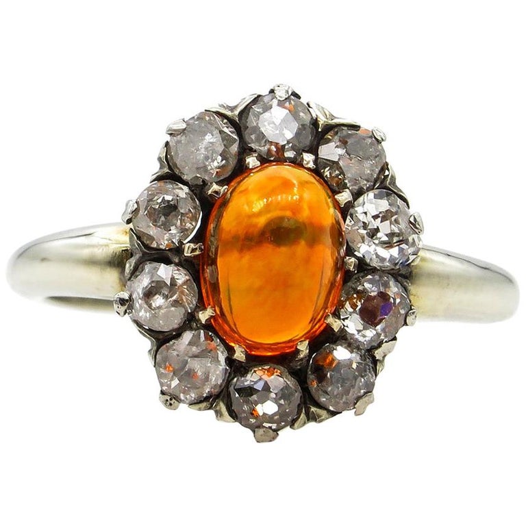 Victorian 2.45 Carat Fire Opal Old European Diamond Cluster Engagement Ring