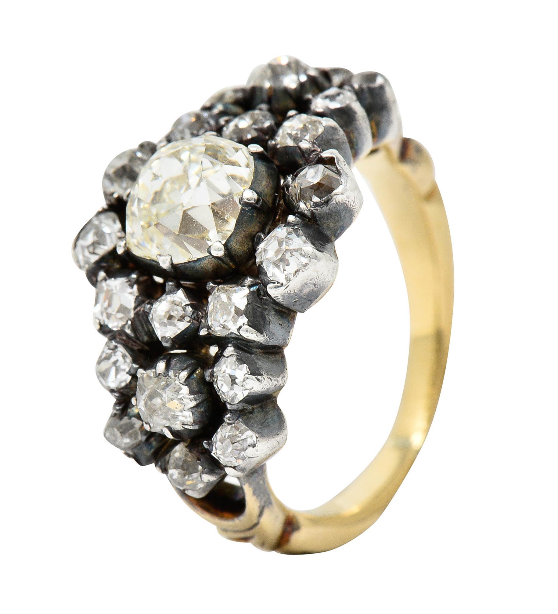 Victorian 2.45 Carats Old Mine Diamond Silver-Topped 18 Karat Gold Cluster Ring 5
