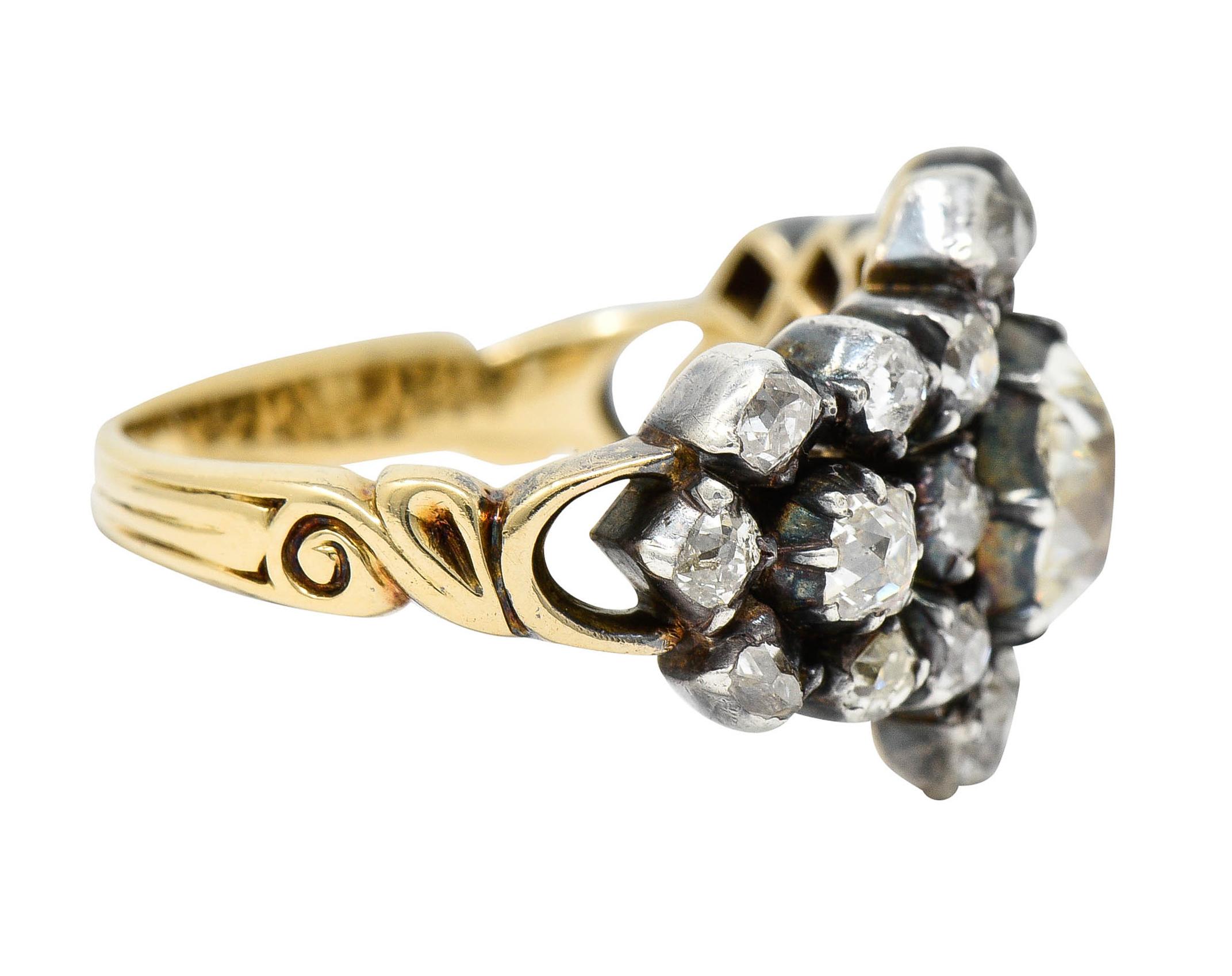 Old Mine Cut Victorian 2.45 Carats Old Mine Diamond Silver-Topped 18 Karat Gold Cluster Ring