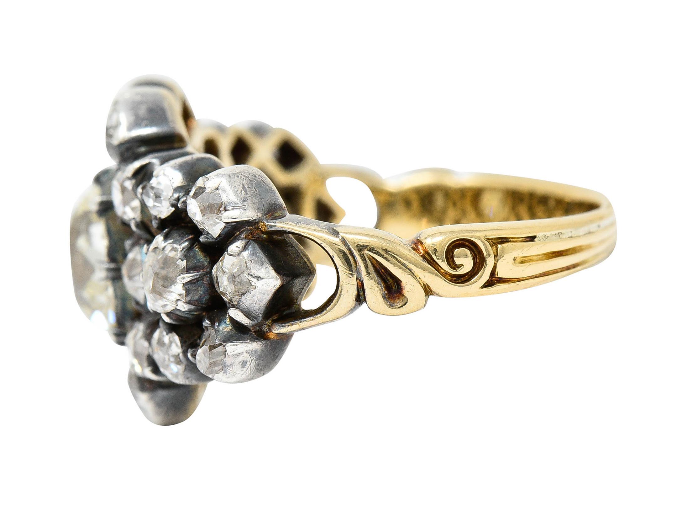 Women's or Men's Victorian 2.45 Carats Old Mine Diamond Silver-Topped 18 Karat Gold Cluster Ring