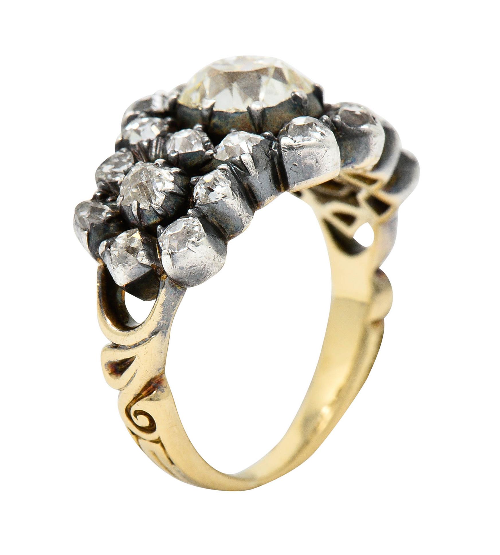 Victorian 2.45 Carats Old Mine Diamond Silver-Topped 18 Karat Gold Cluster Ring 3