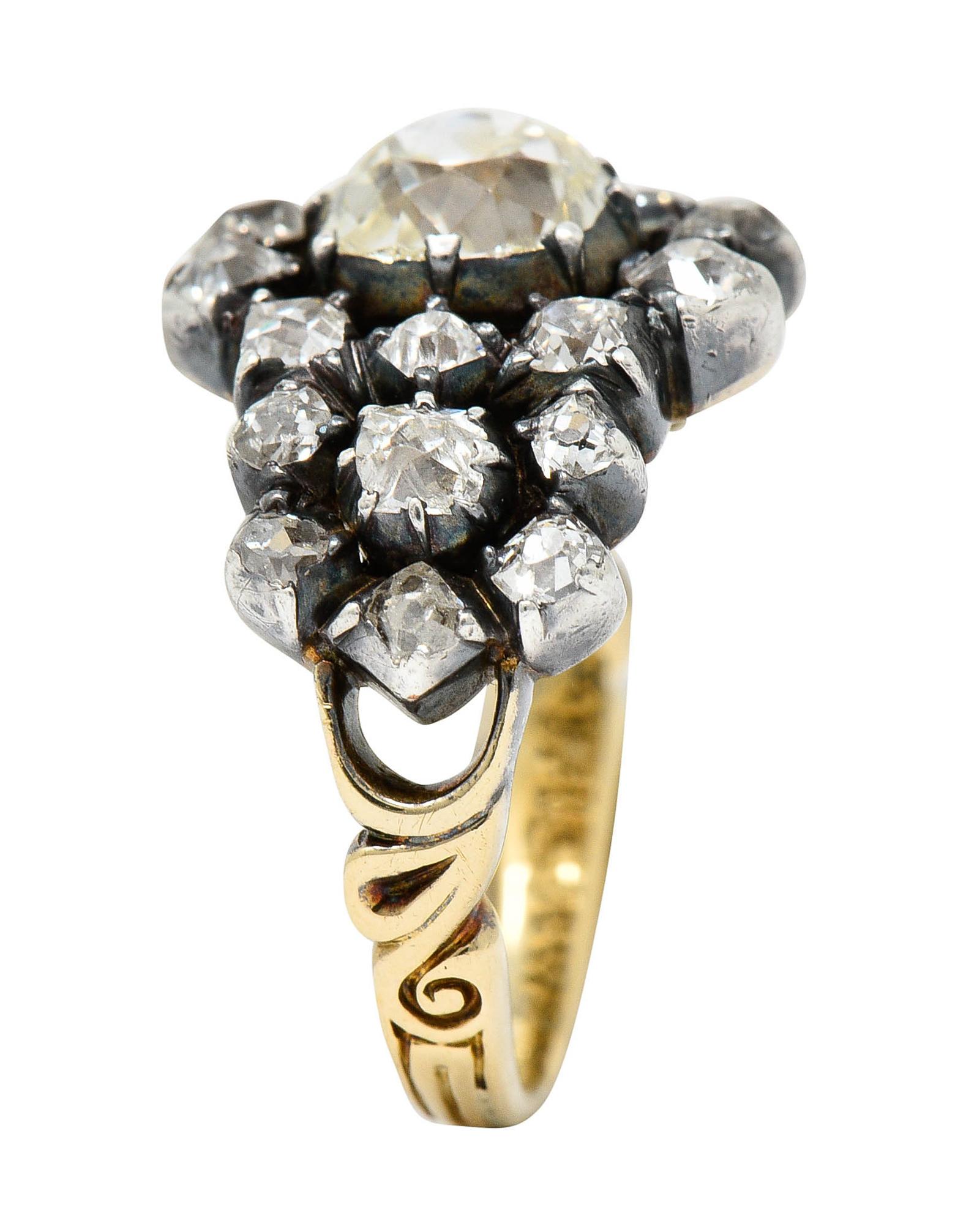 Victorian 2.45 Carats Old Mine Diamond Silver-Topped 18 Karat Gold Cluster Ring 4