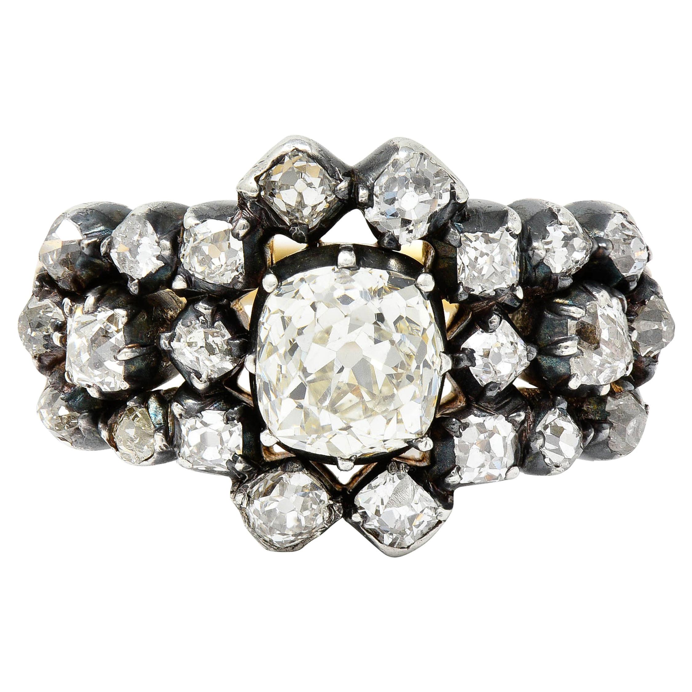 Victorian 2.45 Carats Old Mine Diamond Silver-Topped 18 Karat Gold Cluster Ring
