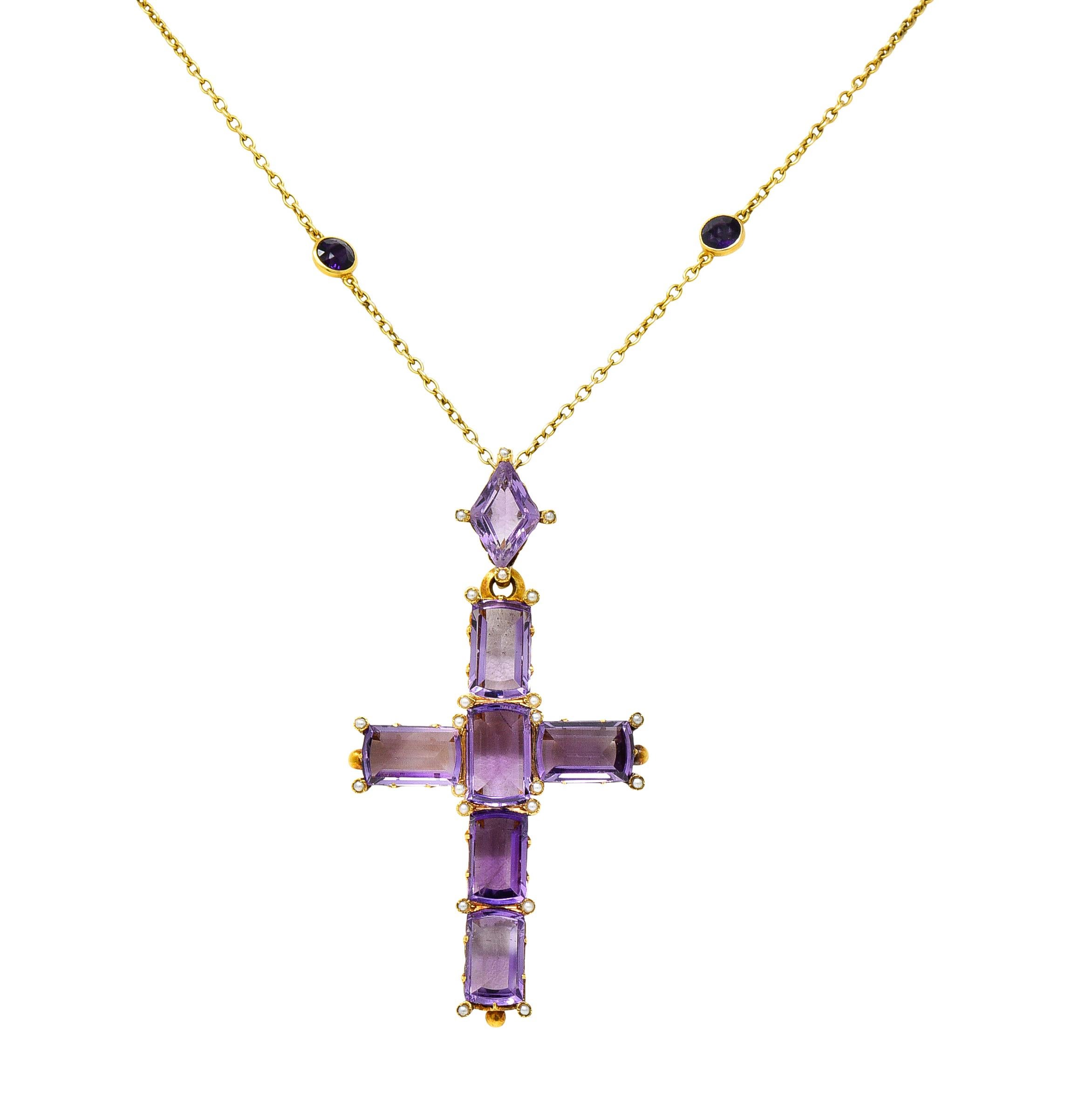 Victorian 24.50 Carats Amethyst Pearl 14 Kt Yellow Gold Cross Antique Necklace For Sale 7