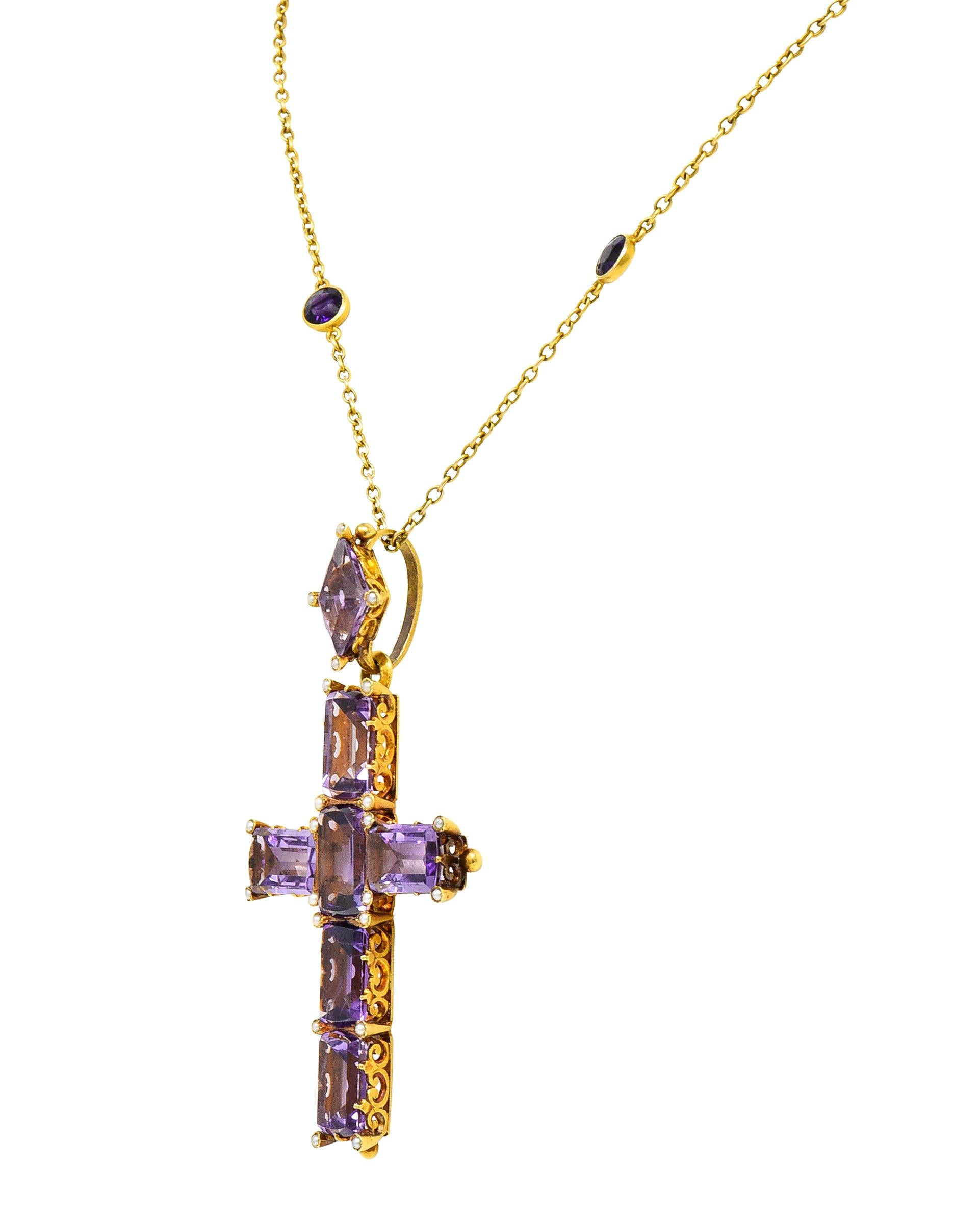 Emerald Cut Victorian 24.50 Carats Amethyst Pearl 14 Kt Yellow Gold Cross Antique Necklace For Sale