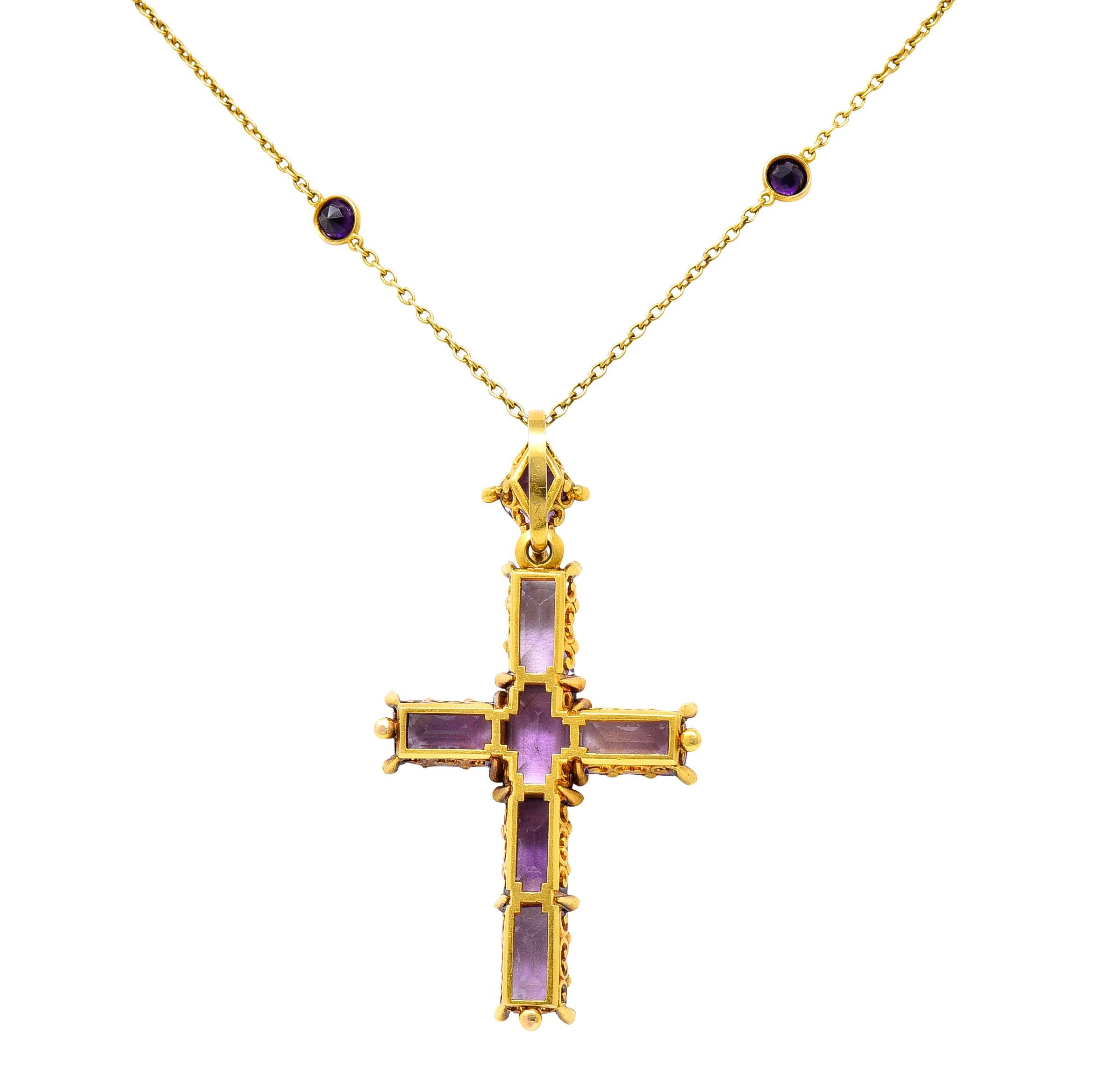Victorian 24.50 Carats Amethyst Pearl 14 Kt Yellow Gold Cross Antique Necklace In Excellent Condition For Sale In Philadelphia, PA
