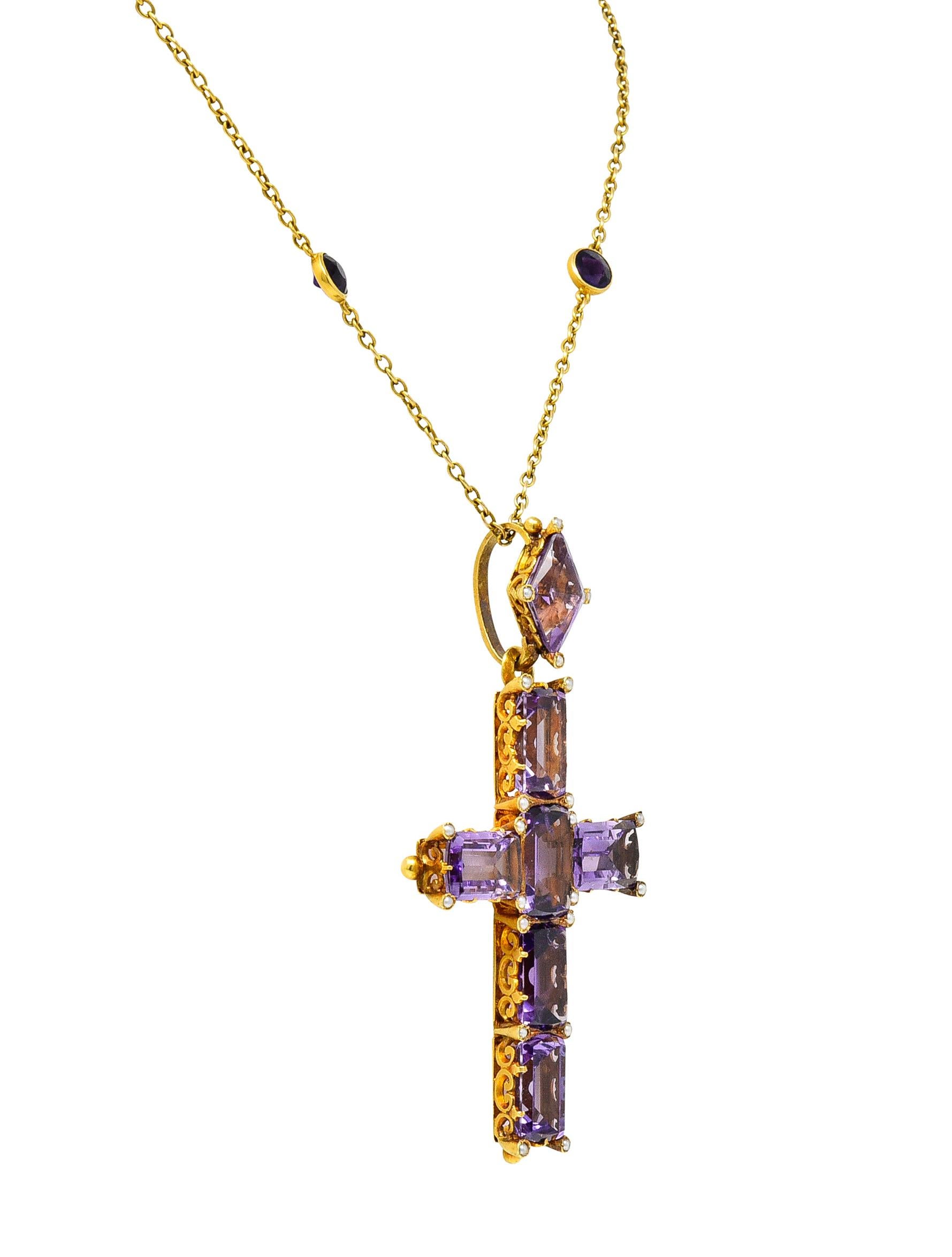 Women's or Men's Victorian 24.50 Carats Amethyst Pearl 14 Kt Yellow Gold Cross Antique Necklace For Sale