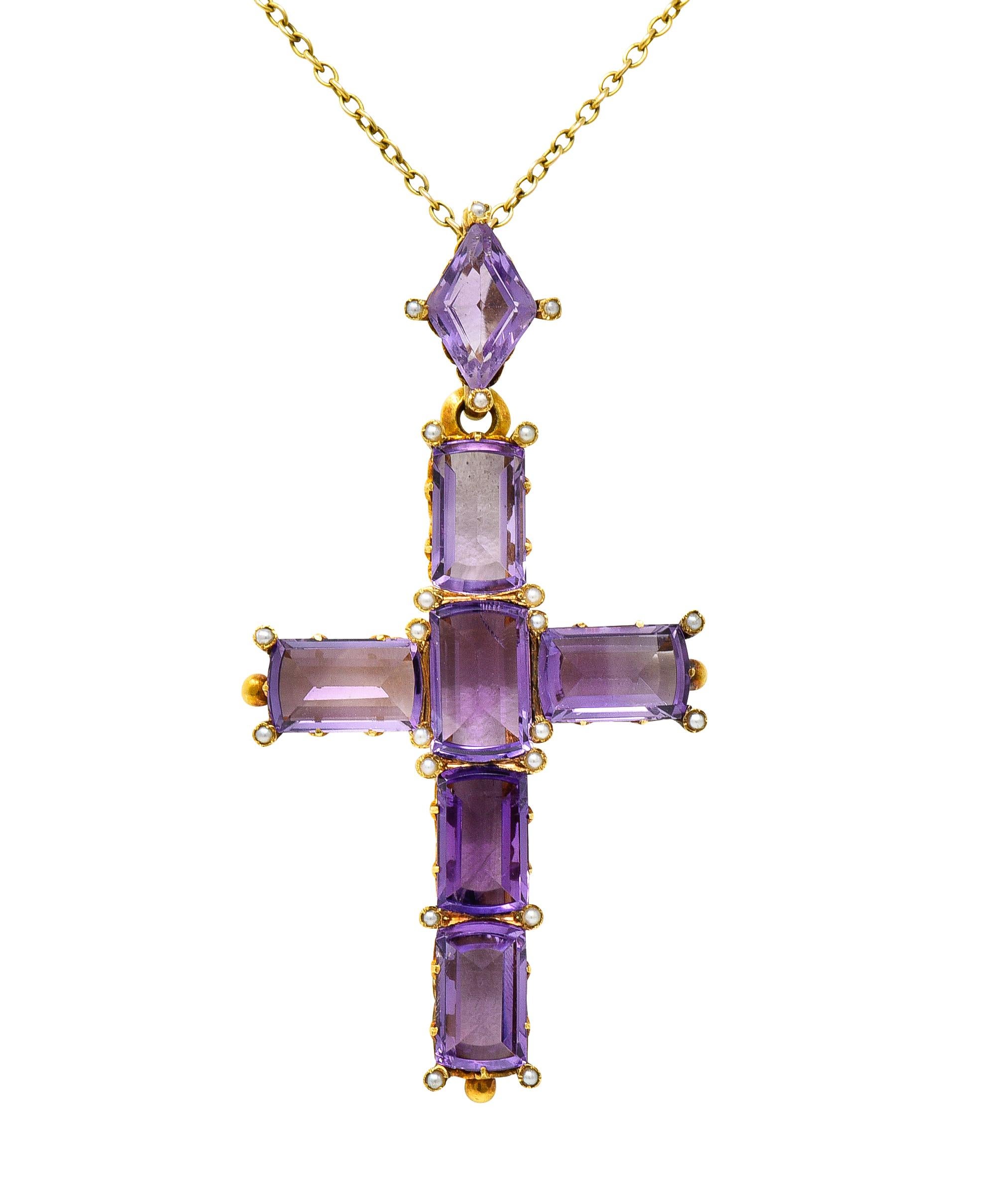 Victorian 24.50 Carats Amethyst Pearl 14 Kt Yellow Gold Cross Antique Necklace For Sale 4