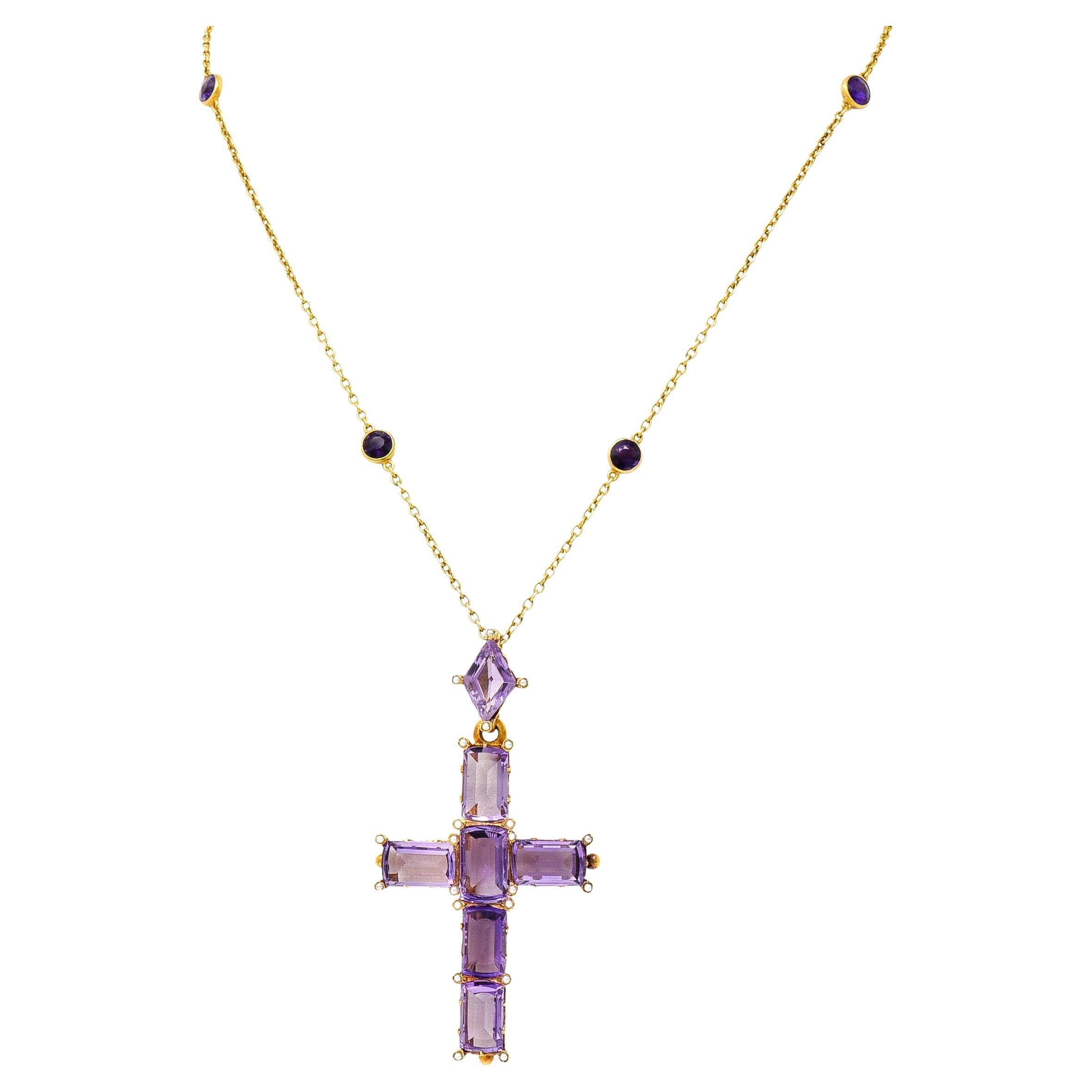 Victorian 24.50 Carats Amethyst Pearl 14 Kt Yellow Gold Cross Antique Necklace For Sale