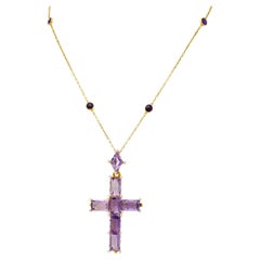 Victorian 24.50 Carats Amethyst Pearl 14 Kt Yellow Gold Cross Antique Necklace