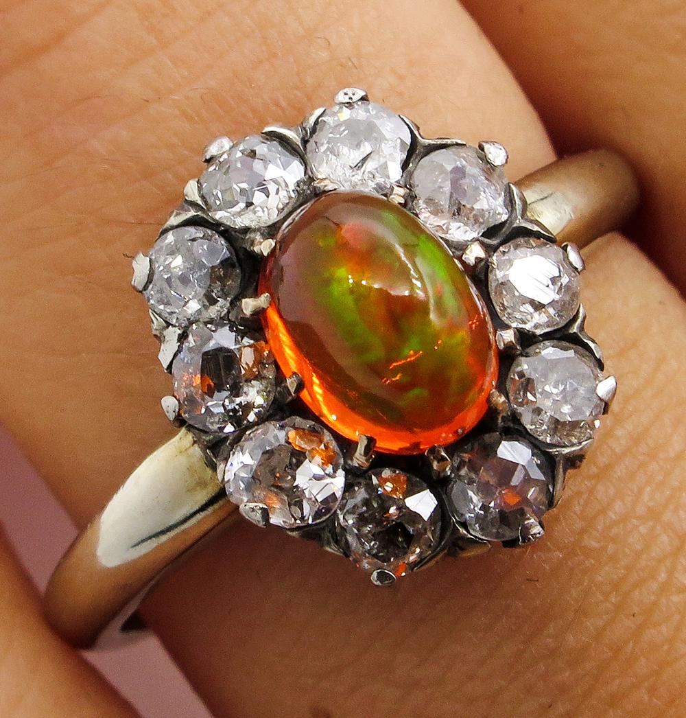 Victorian 2.45 Carat Fire Opal Old European Diamond Cluster Engagement Ring 6